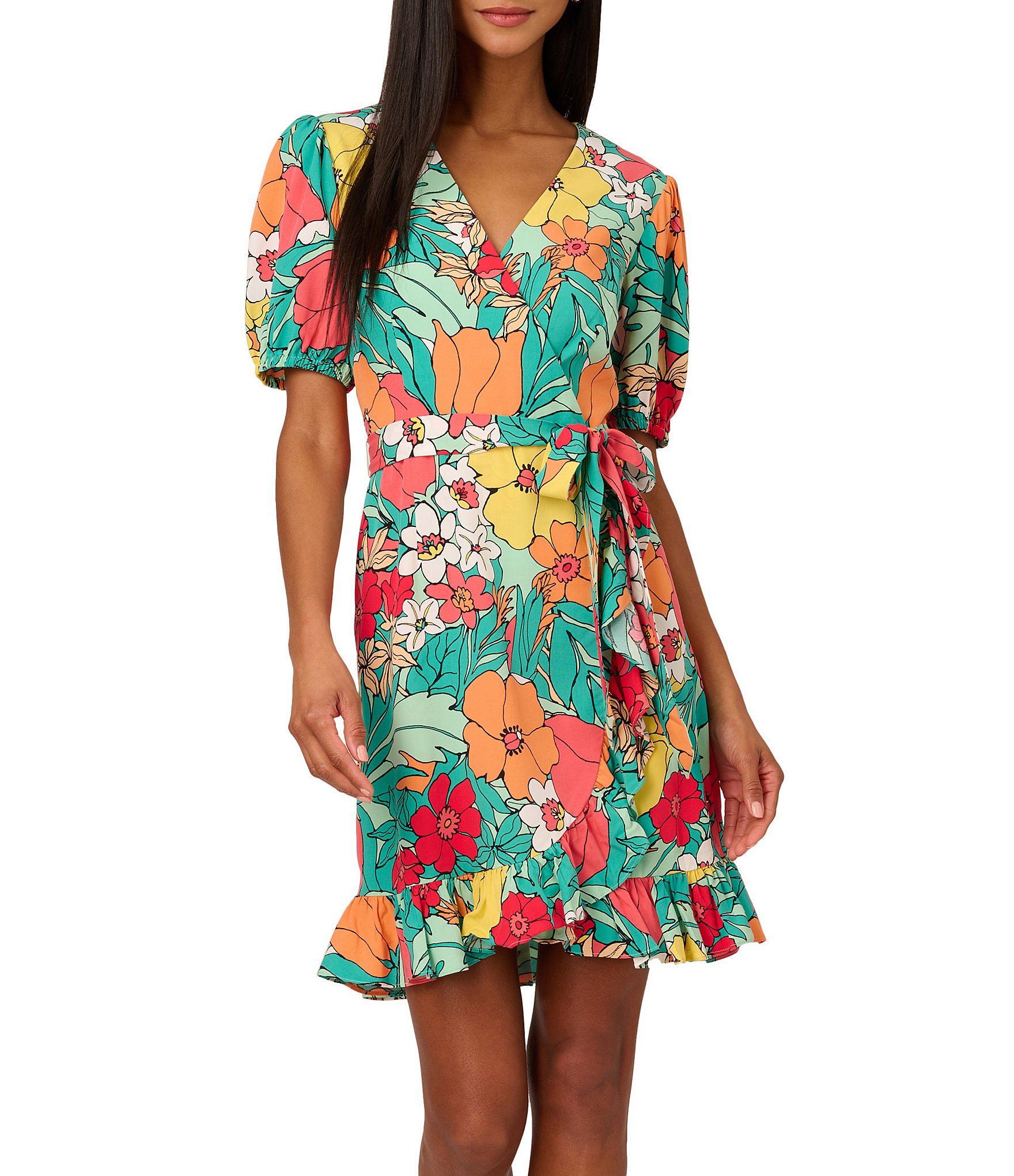 Adrianna by Adrianna Papell Floral Print Surplice V-Neck Short Sleeve ...