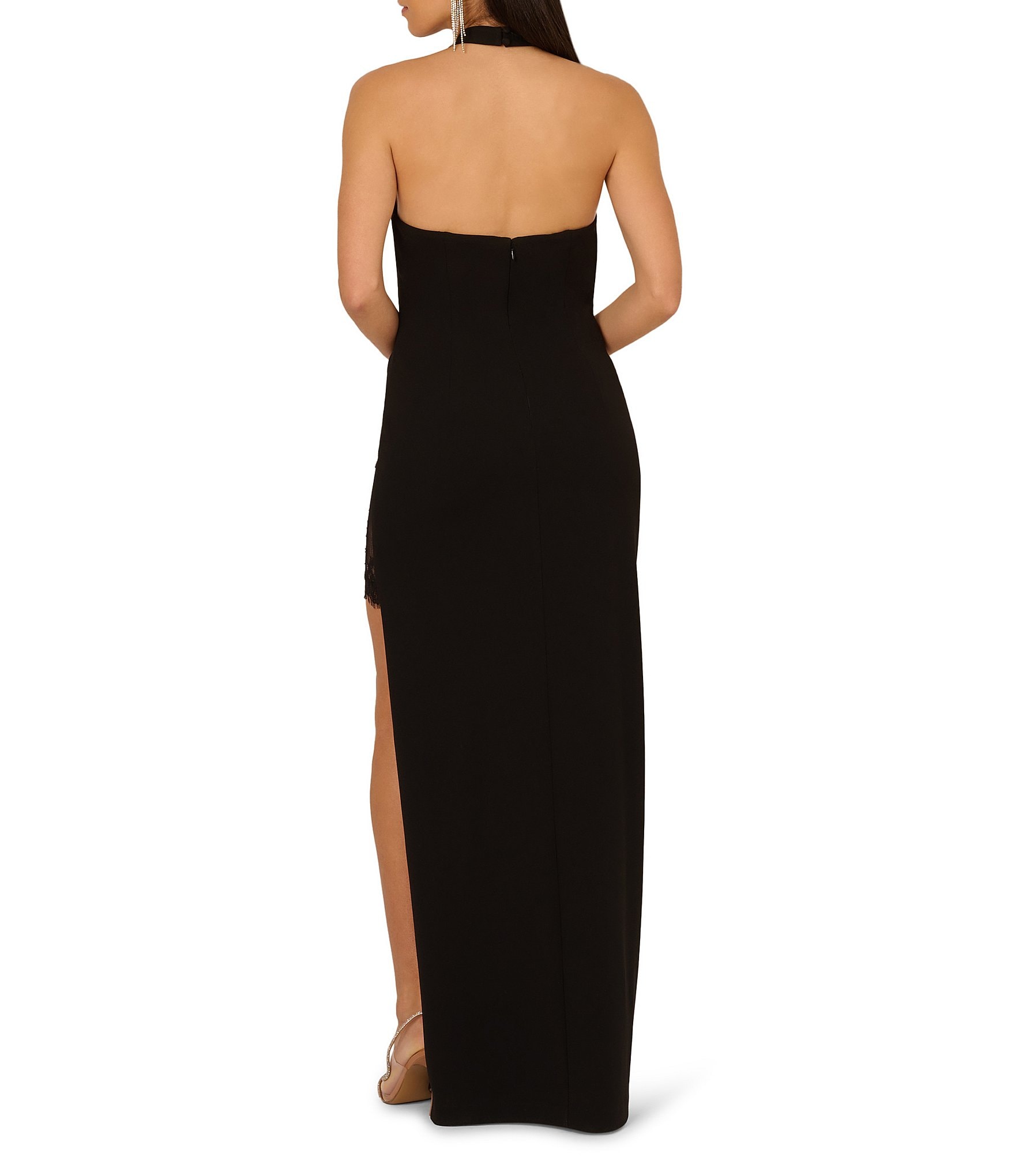 Adrianna by Adrianna Papell Halter Neck Lace Insert Knit Crepe Column Gown