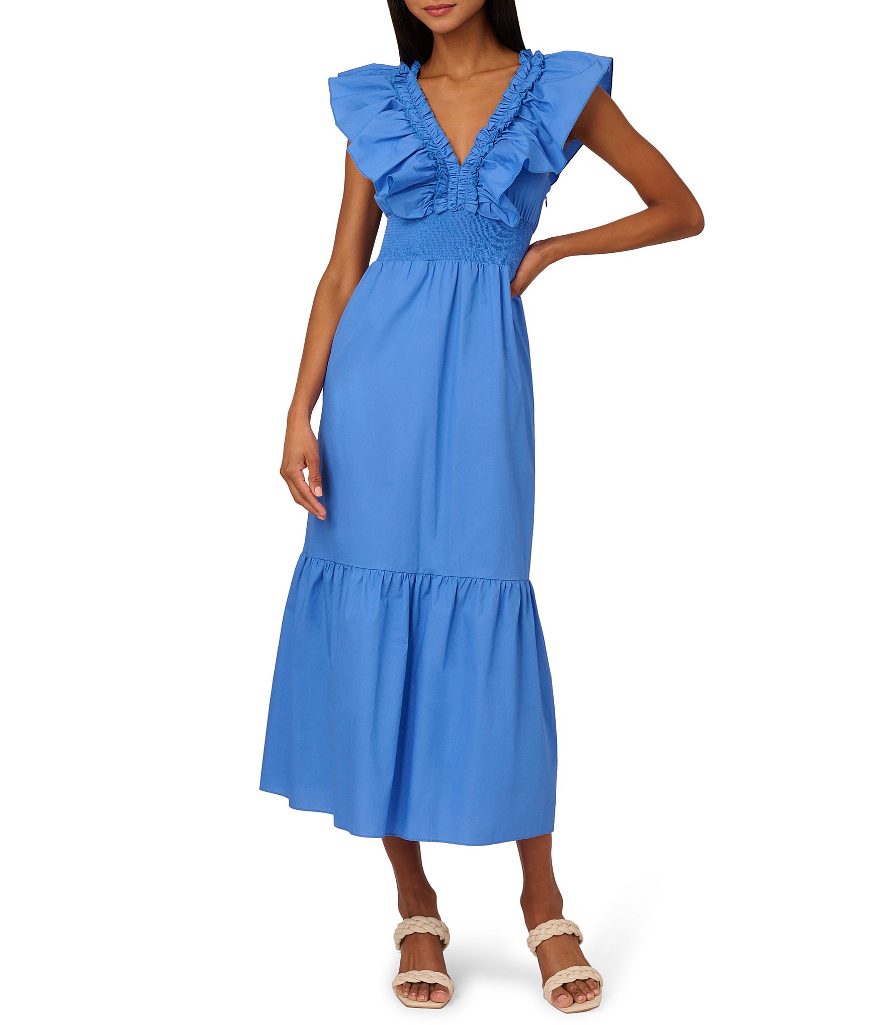 Adrianna by Adrianna Papell Ruffle V Neck Smocked Waist Sleeveless Midi Dress Dillard s