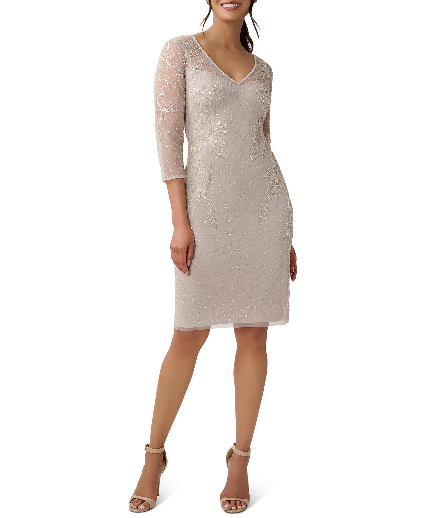 Adrianna Papell 3/4 Sleeve V-Neck Beaded Sheath Dress | Dillard's