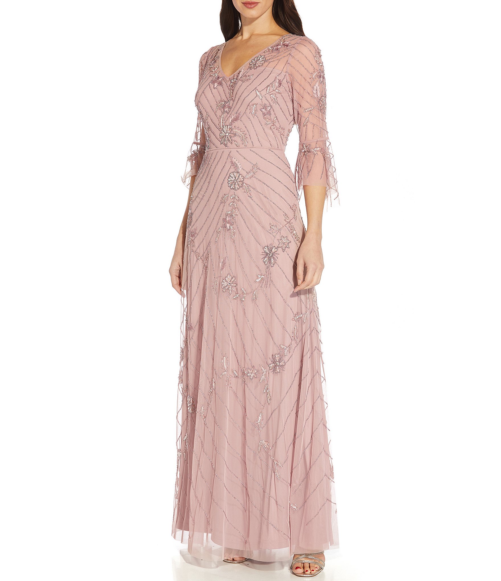 Monumental Mecánico nosotros Adrianna Papell Beaded Bell 3/4 Sleeve V-Neck A-Line Mesh Gown | Dillard's