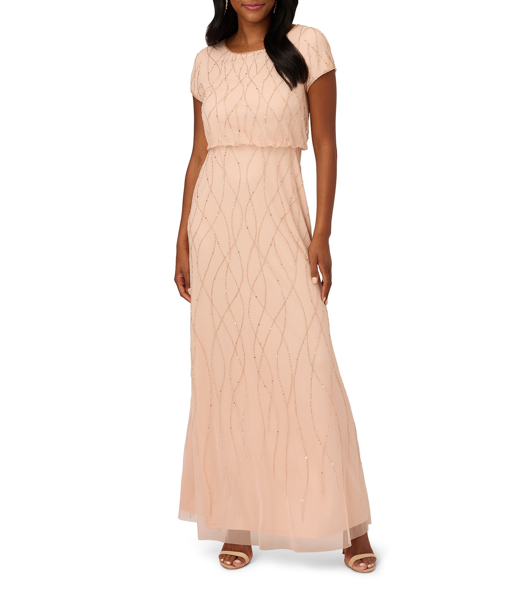 Adrianna Papell Round Neck Short Sleeve Beaded Blouson Gown