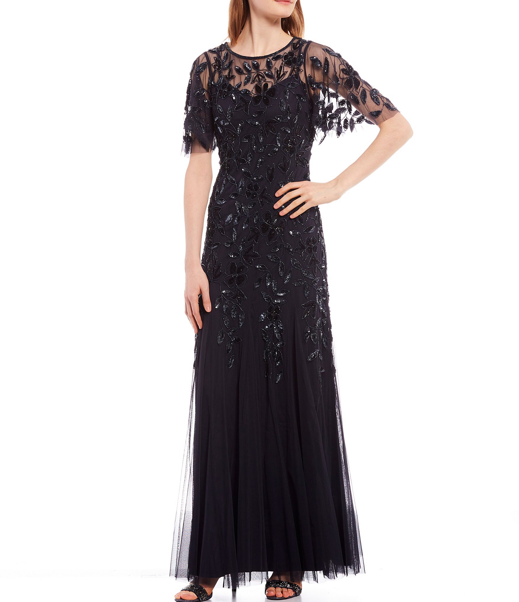Adrianna Papell Womens Beaded Gown with Godets