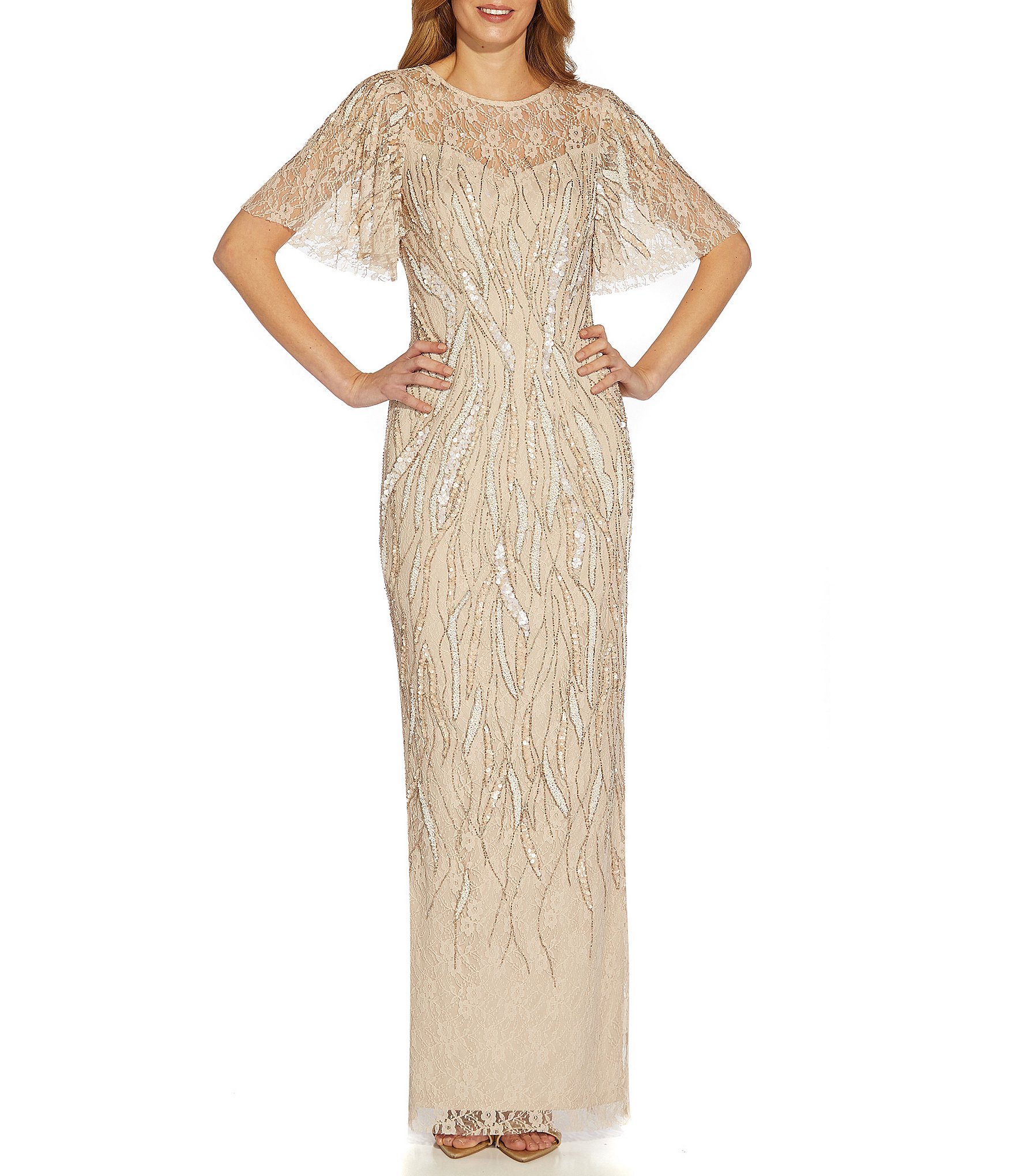 Adrianna Papell Beaded Lace Crew Neck Short Flutter Sleeve Gown
