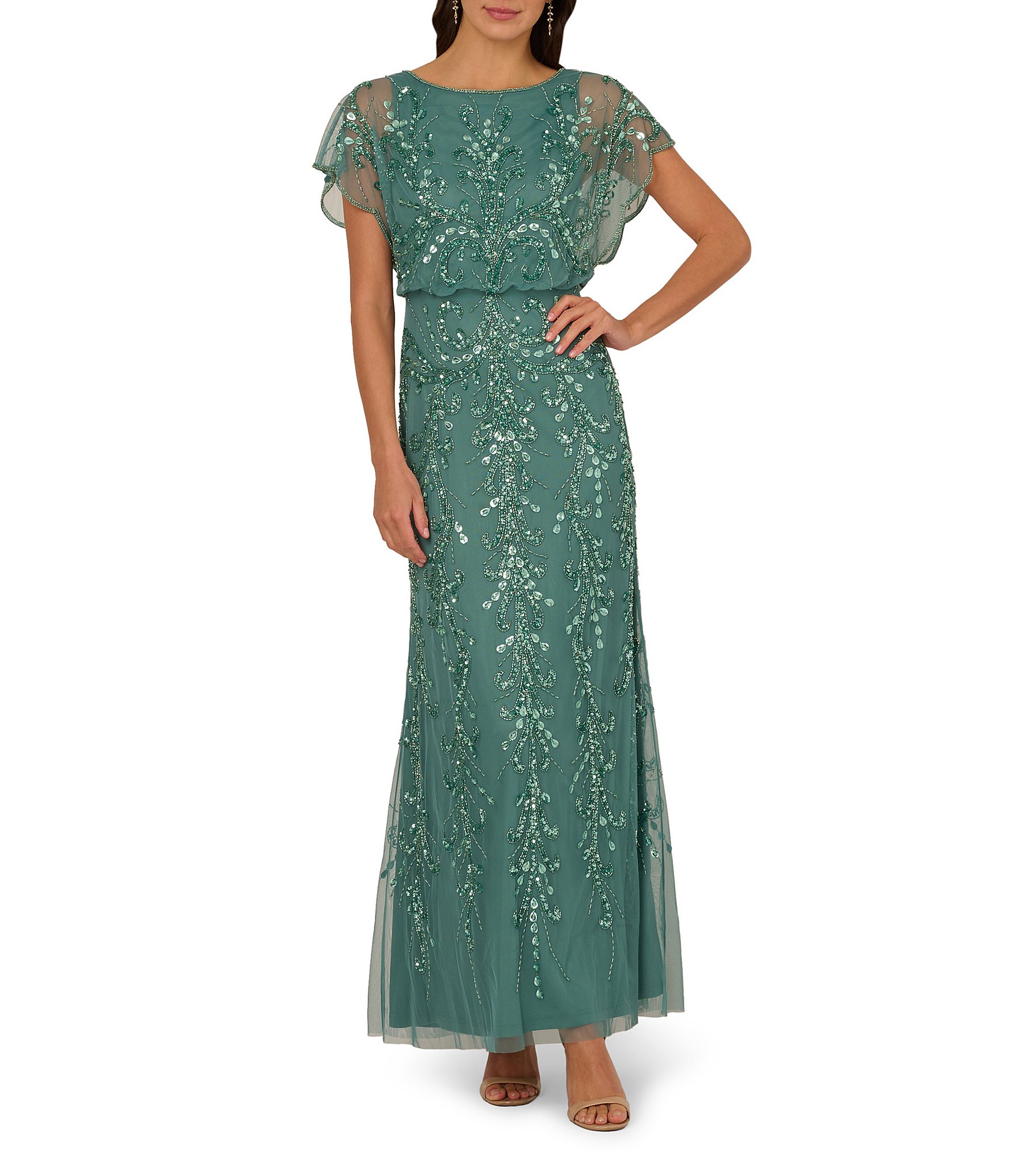 Adrianna Papell Beaded Mesh Boat Neck Flutter Sleeve Blouson