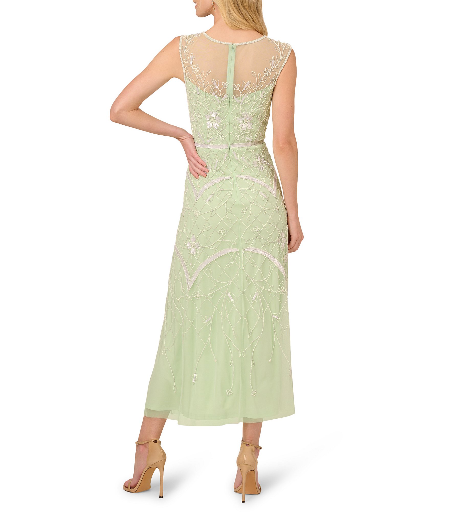 Adrianna Papell Beaded Mesh Crew Neck Sleeveless A-Line Midi Dress