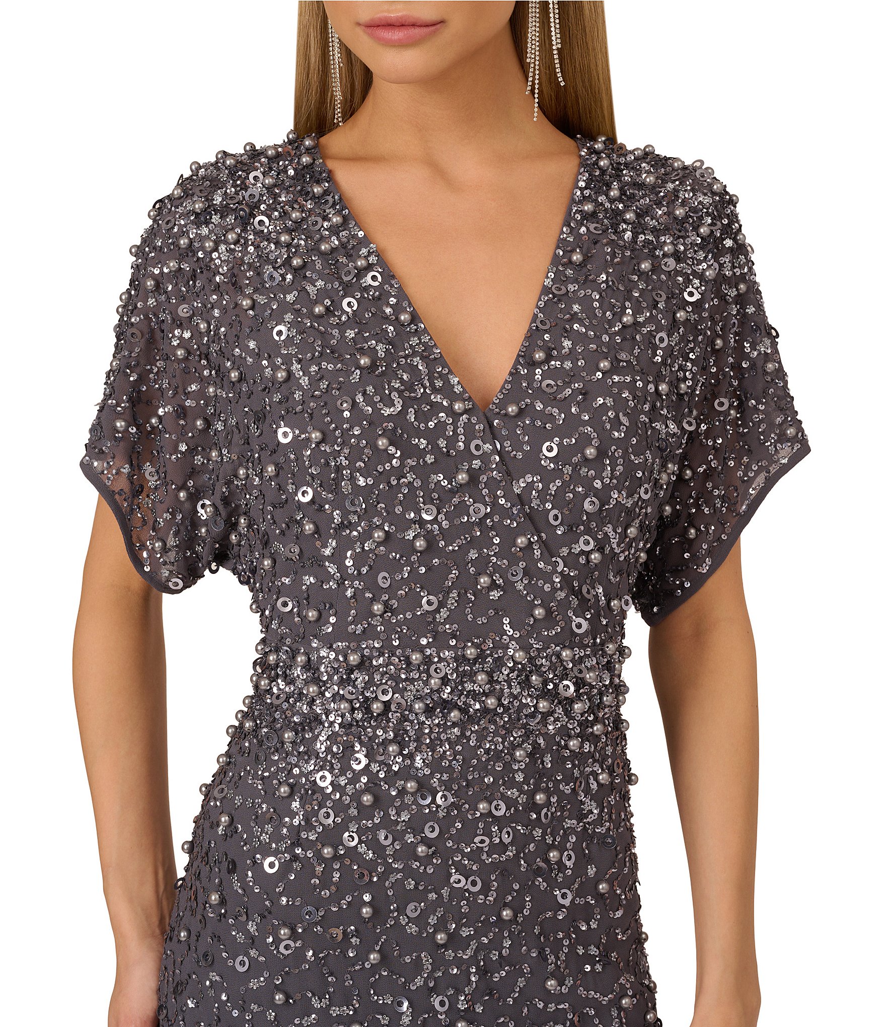 Adrianna by Adrianna Papell Beaded Mesh V-Neck Short Dolman Sleeve High-Low Hem Mini Dress