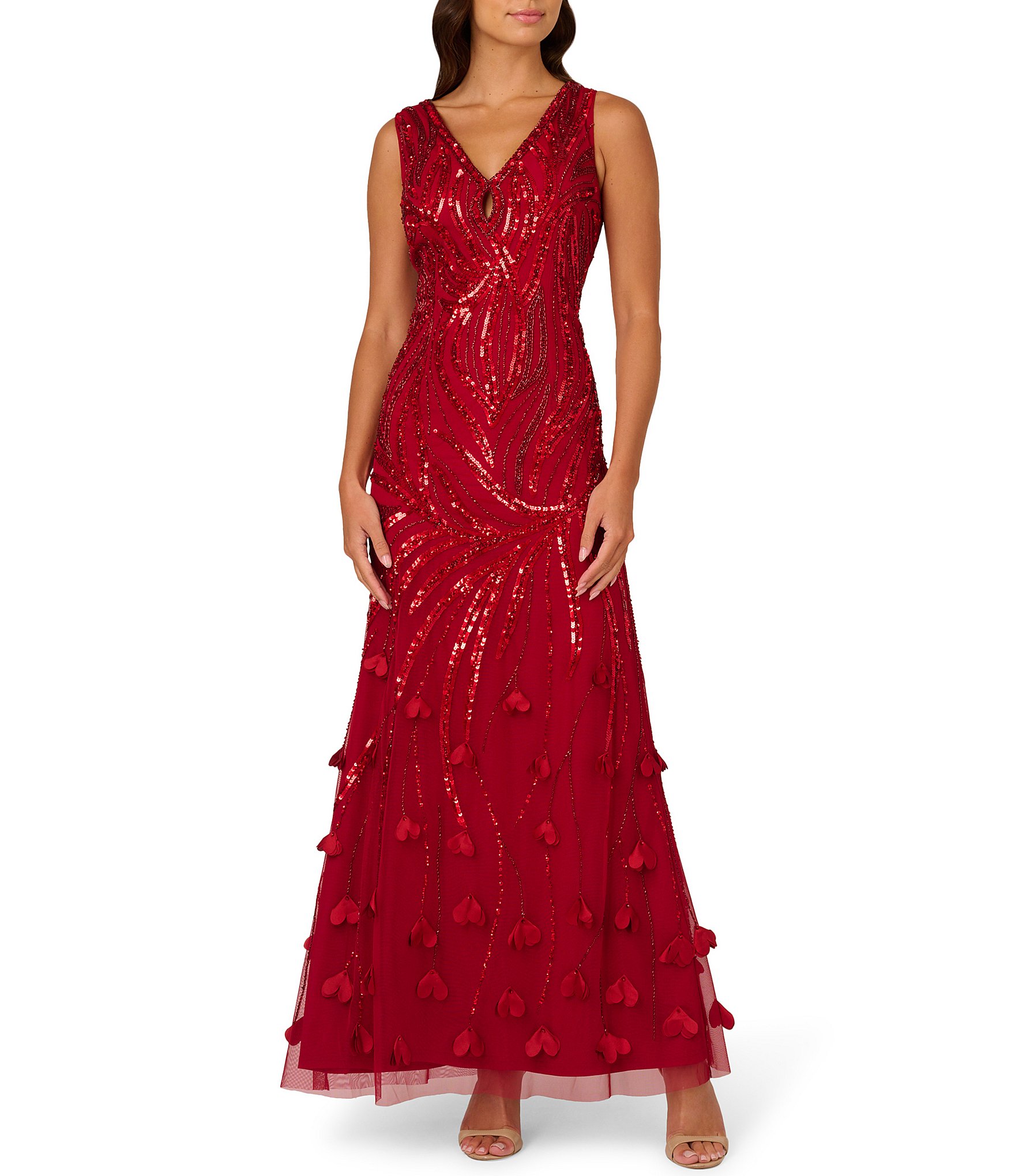 Adrianna Papell Beaded Mesh V-Neck Sleeveless Mermaid Dress | Dillard's