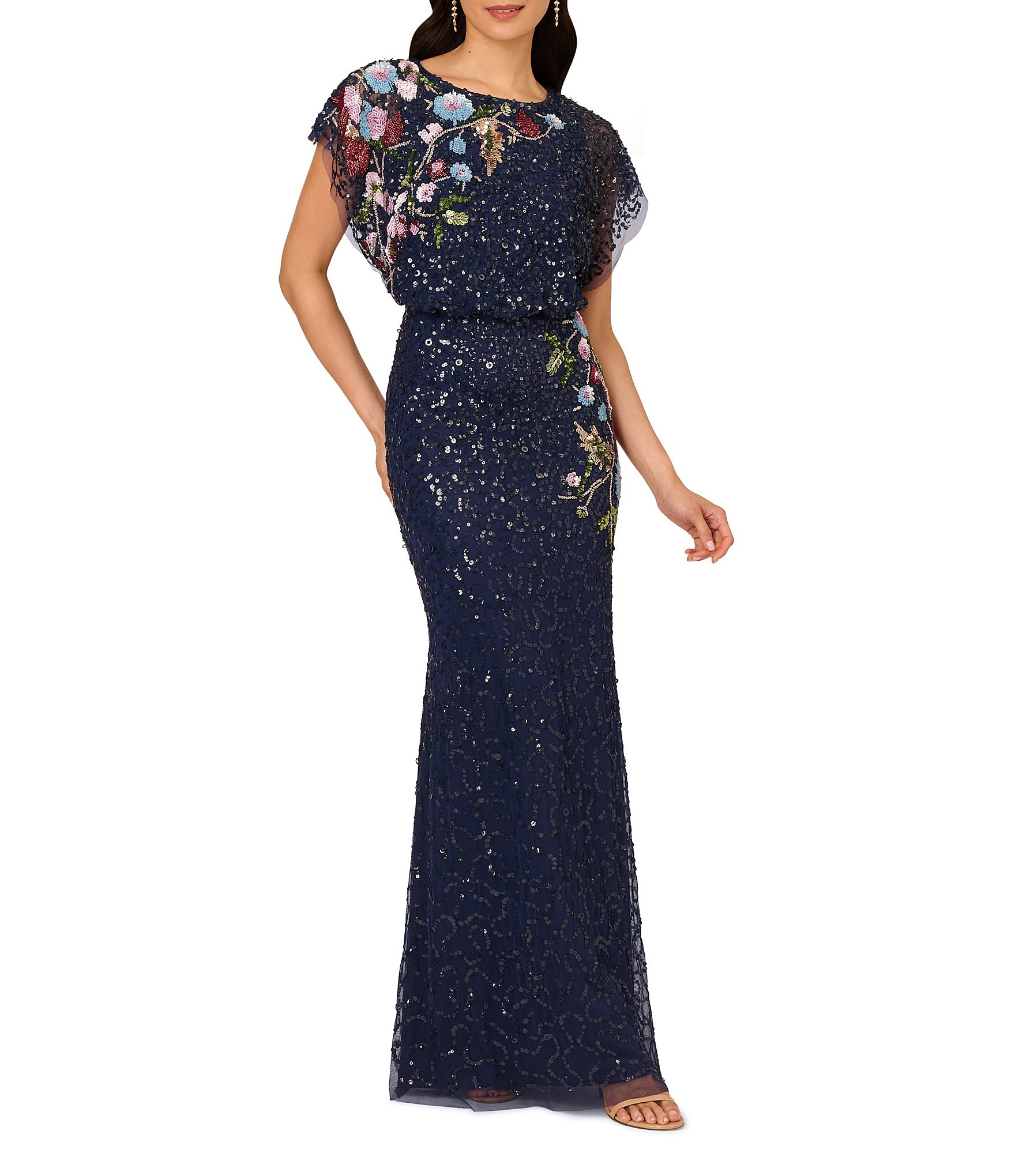 Adrianna Papell Beaded Sequin Mesh Floral Mermaid Boat Neck Short Dolman  Sleeve Gown | Dillard's