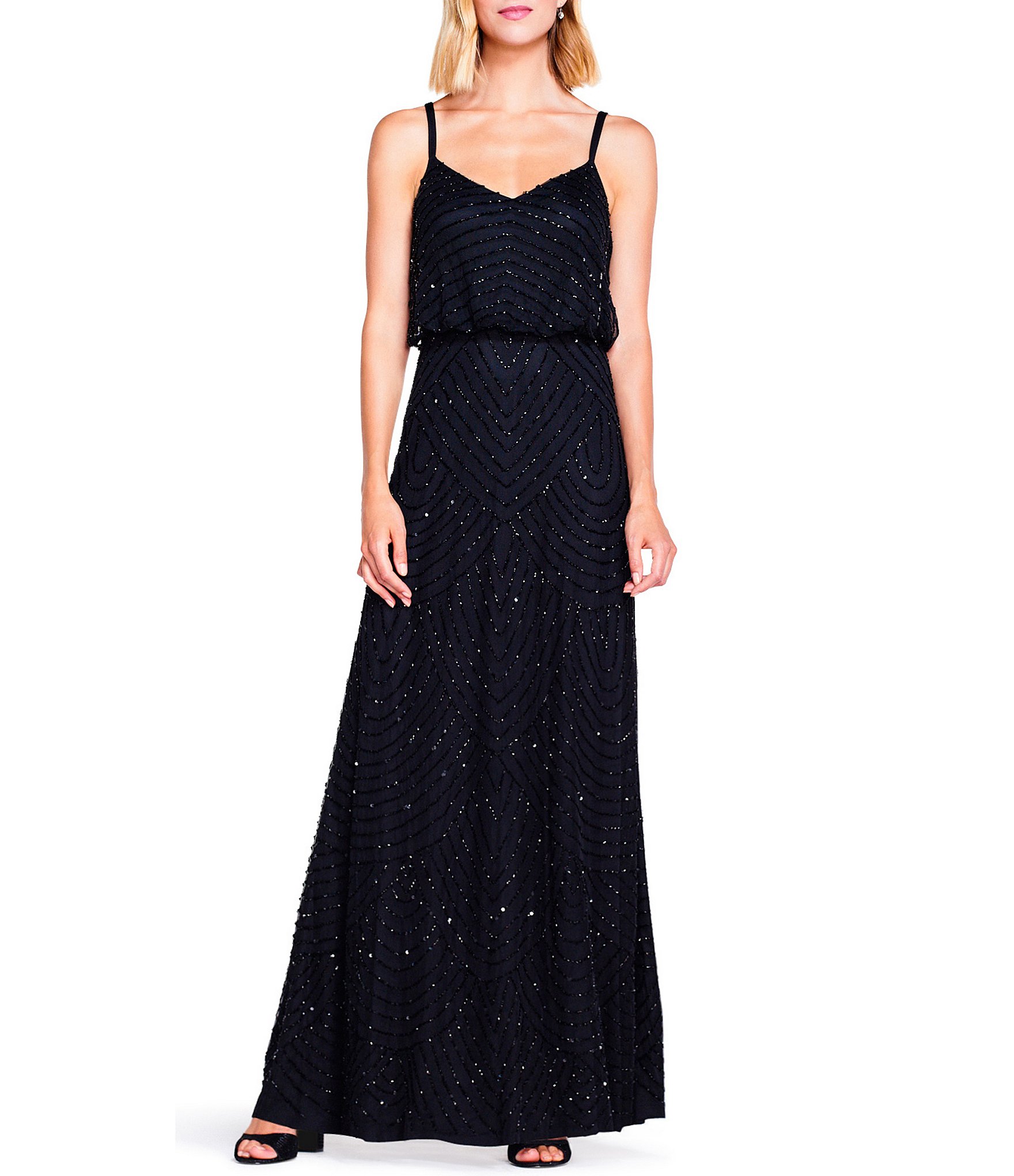 Adrianna Papell Beaded V Neck Blouson Sleeveless Gown Dillard s