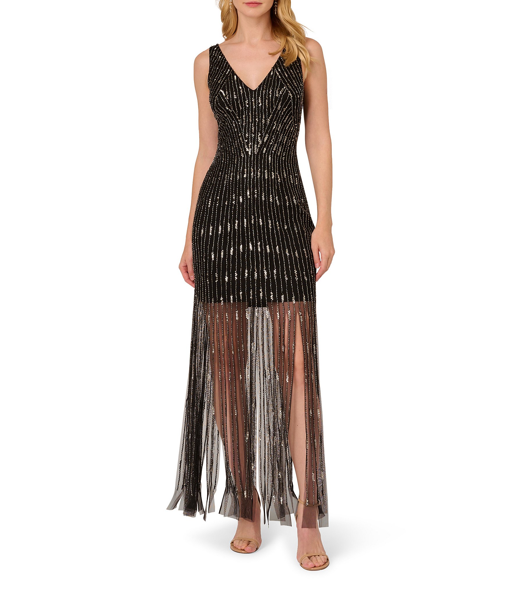 Adrianna Papell Beaded V Neck Sleeveless Illusion Sheer Hem A Line