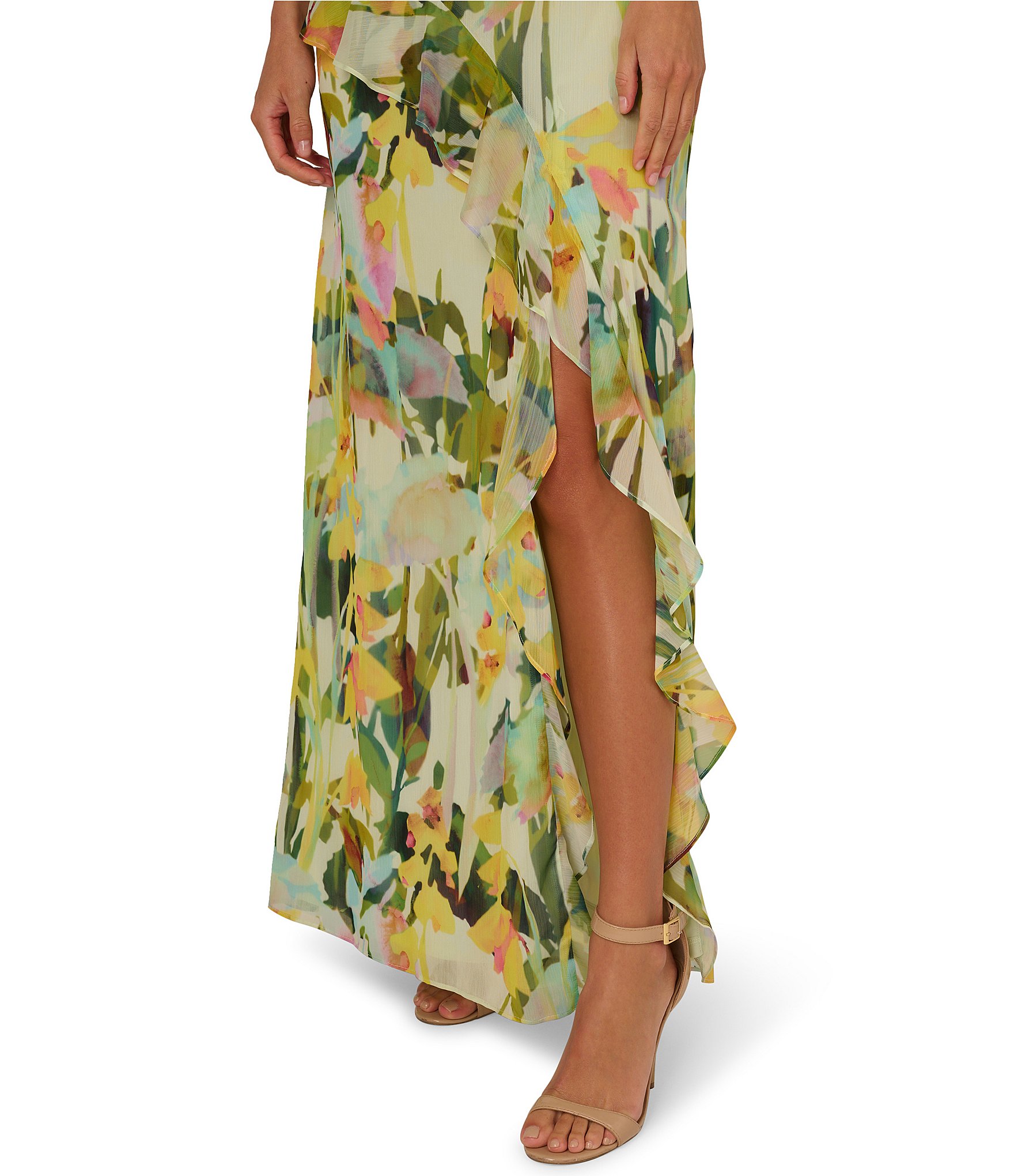 Adrianna Papell Chiffon Floral Print Ruffle V-Neck Sleeveless Ruffle Fit and Flare Gown