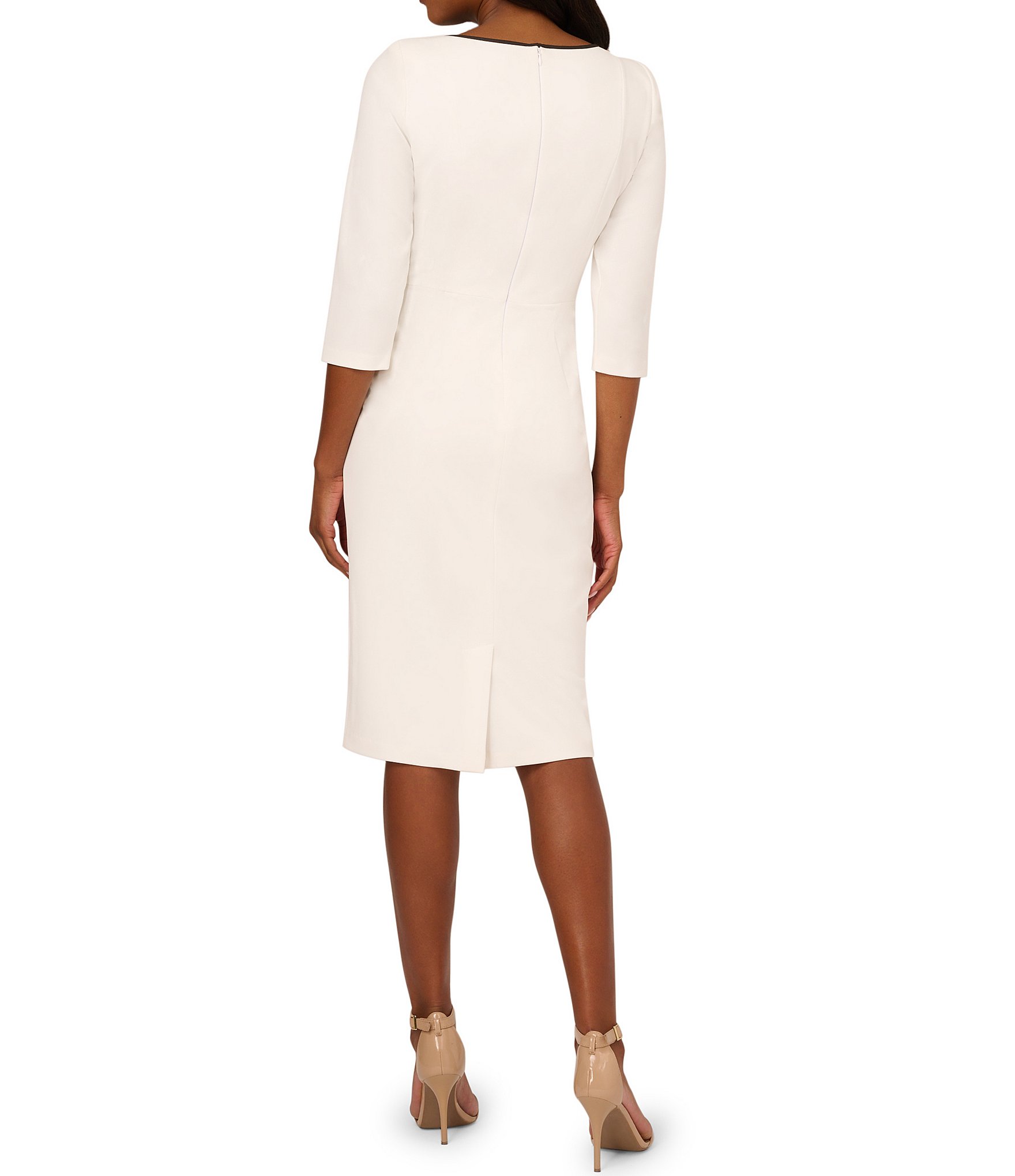 Adrianna Papell Contrasting Trim Boat Neck 3/4 Sleeve Tie Waist Crepe Sheath Dress