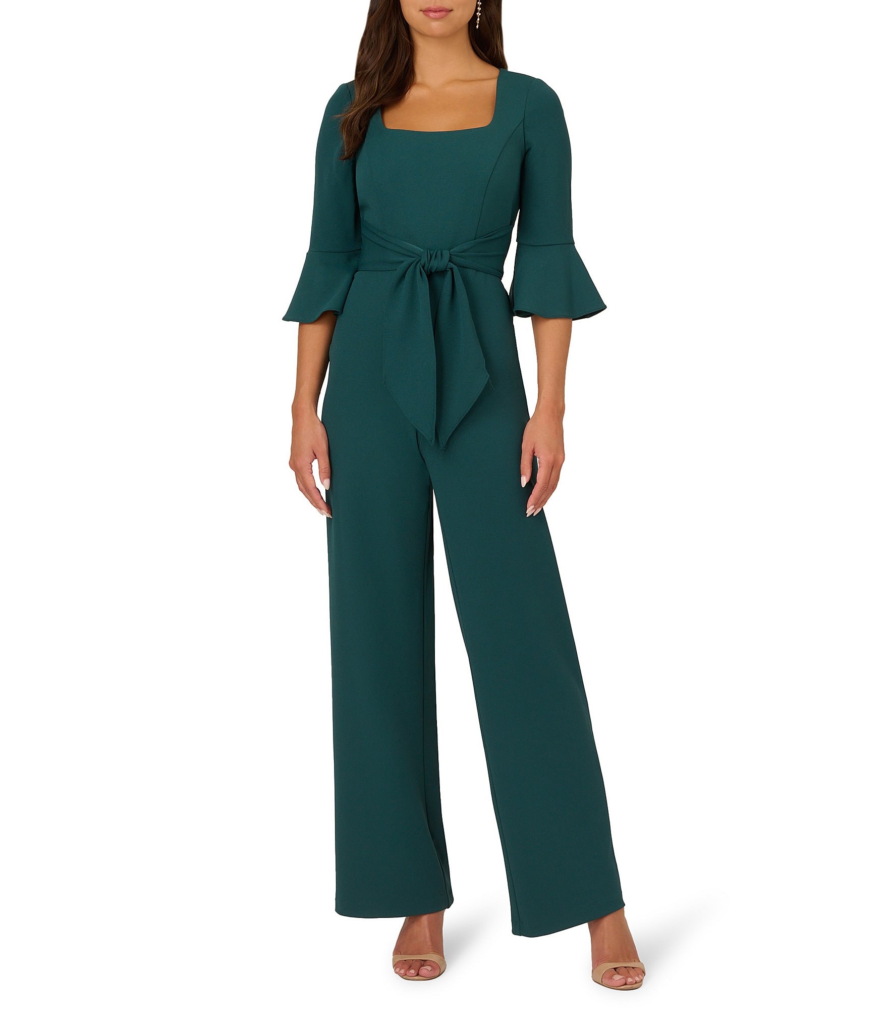 Adrianna Papell Crepe Square Neck 3/4 Bell Sleeve Tie Front Straight Leg Jumpsuit