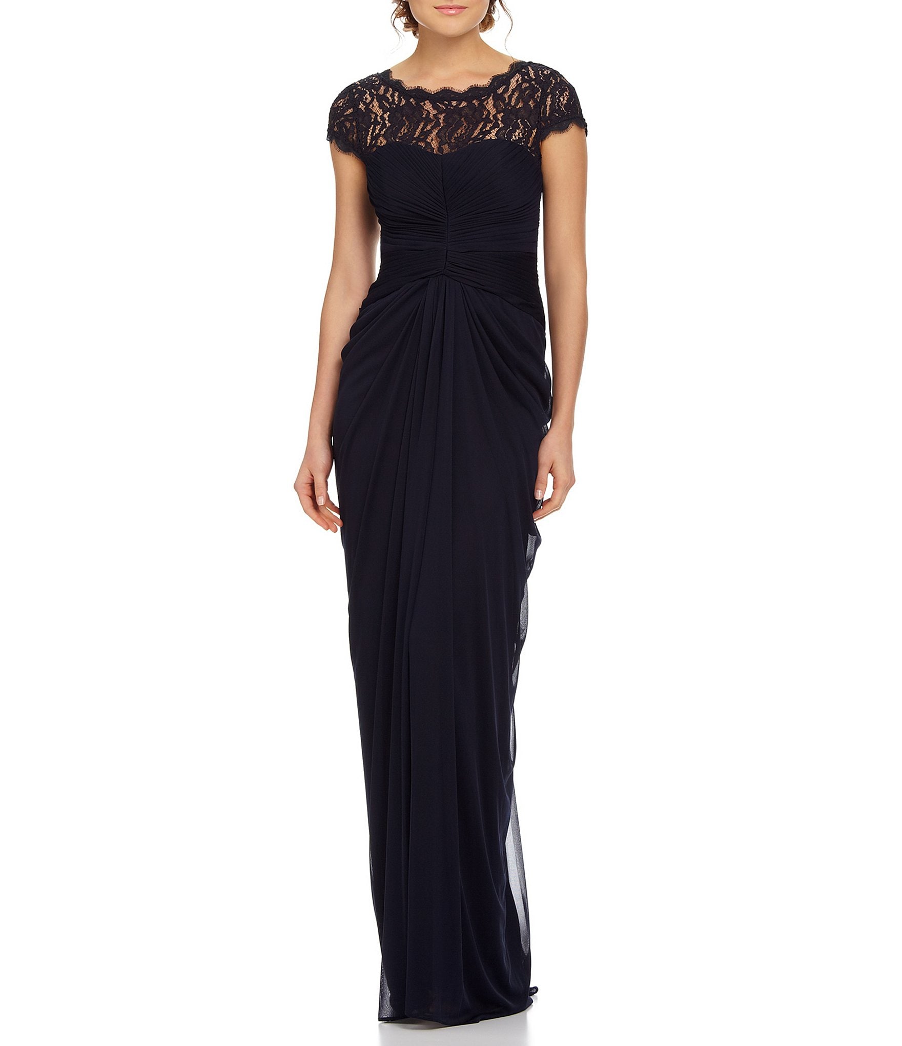 Adrianna Papell Draped Illusion Lace-Neckline Gown | Dillards