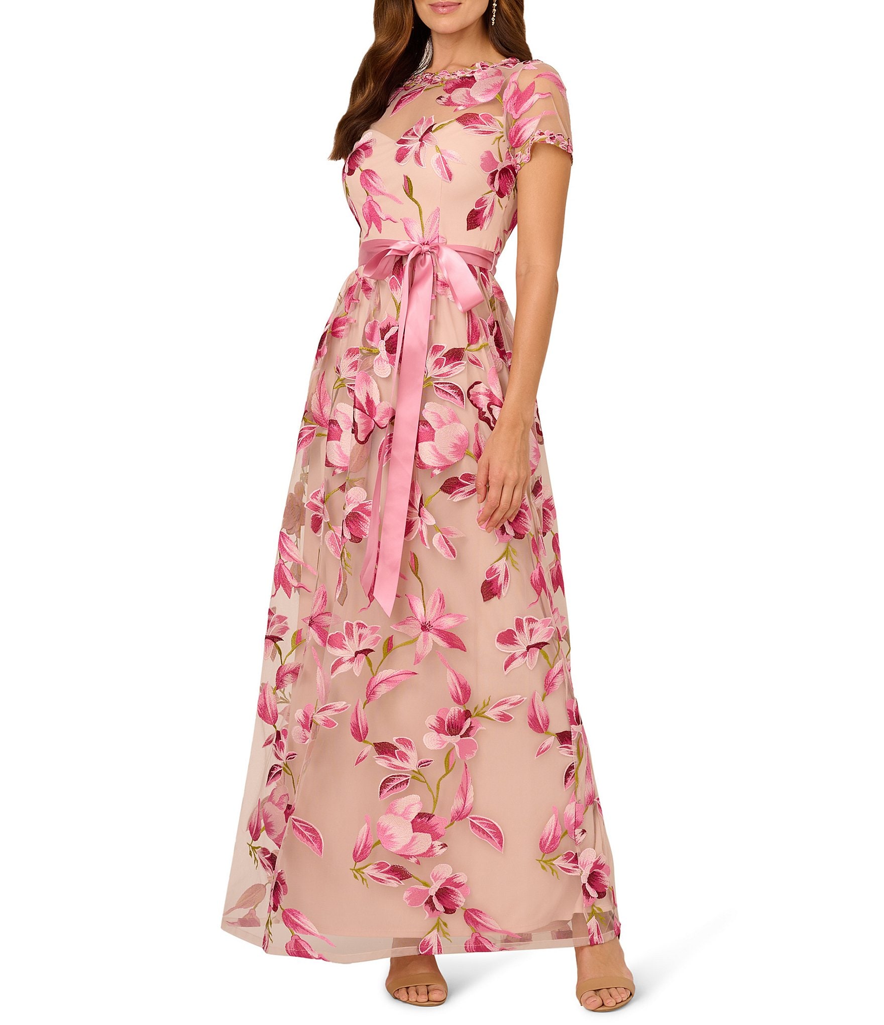 【Adrianna Papell】関税なし♪Matelasse Floral Gown Adrianna Papell Women's Floral-Print Short Sleeve Satin Gown