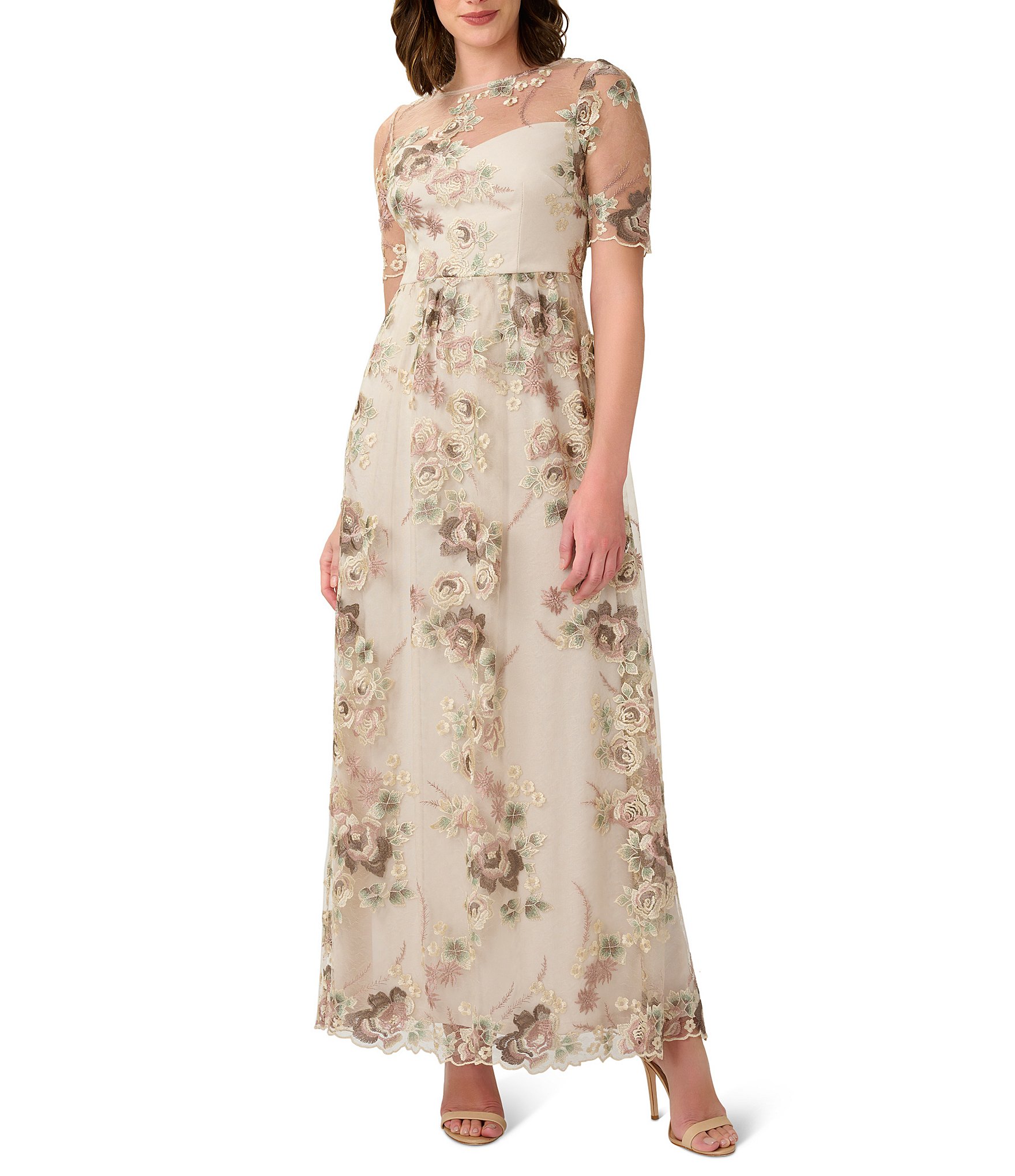 Adrianna Papell Embroidered Neck Crew Gown | Short Illusion Sleeve Floral Dillard\'s Print
