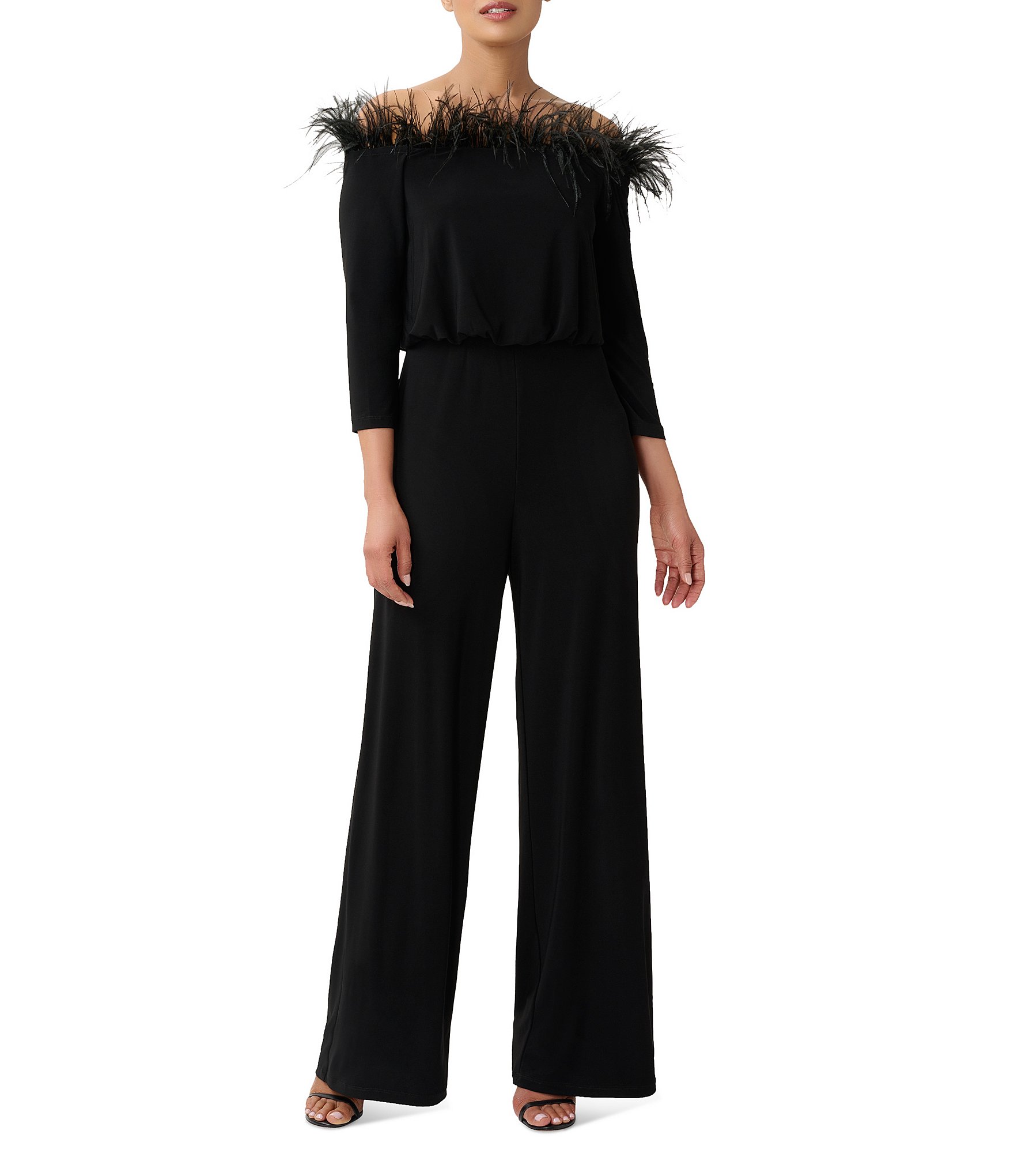 Adrianna Papell Feather Trim Off the Shoulder 3 4 Sleeve Jumpsuit