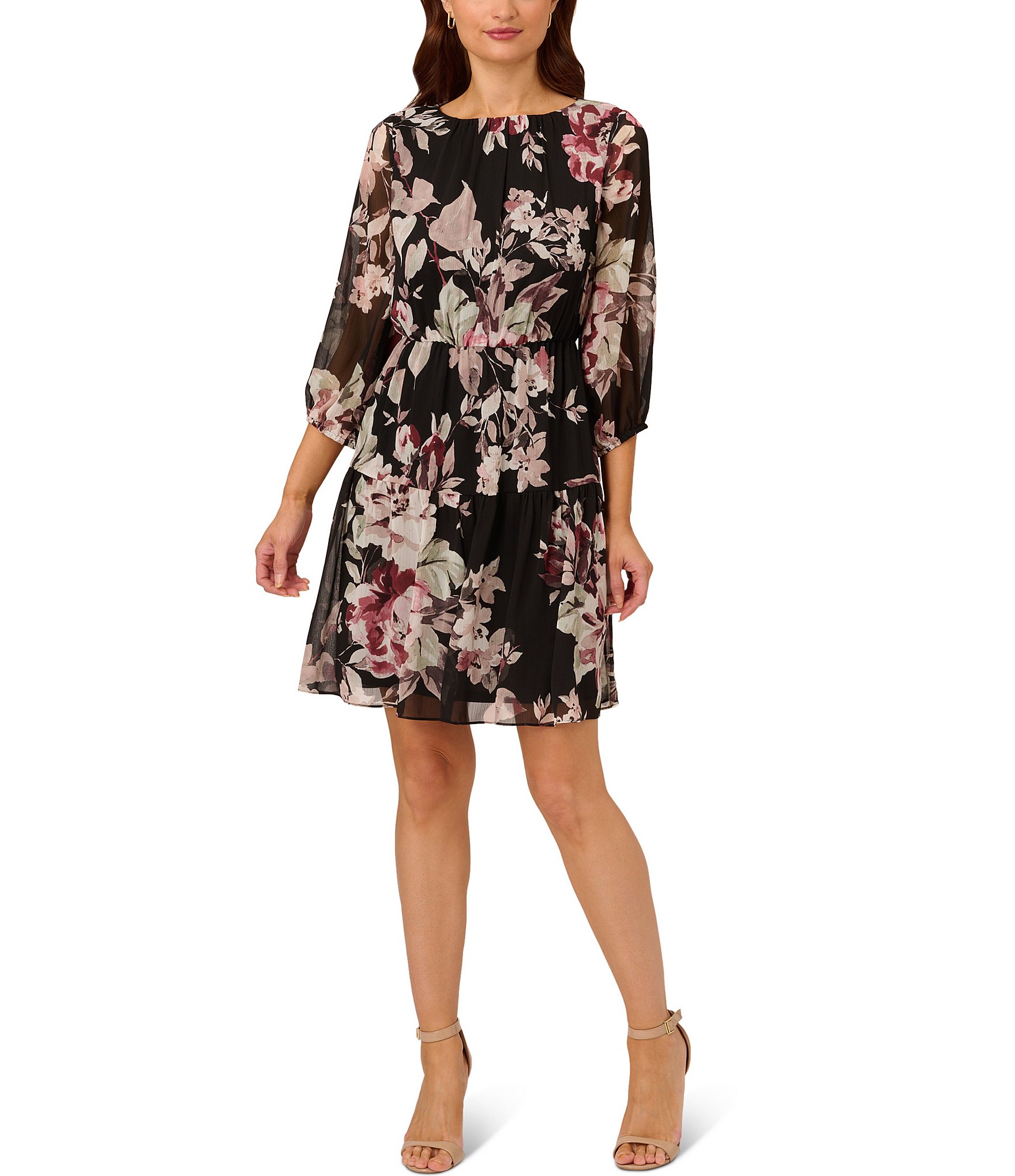 Adrianna Papell Floral Boat Neck 3 4 Chiffon Sleeve Blouson Dress