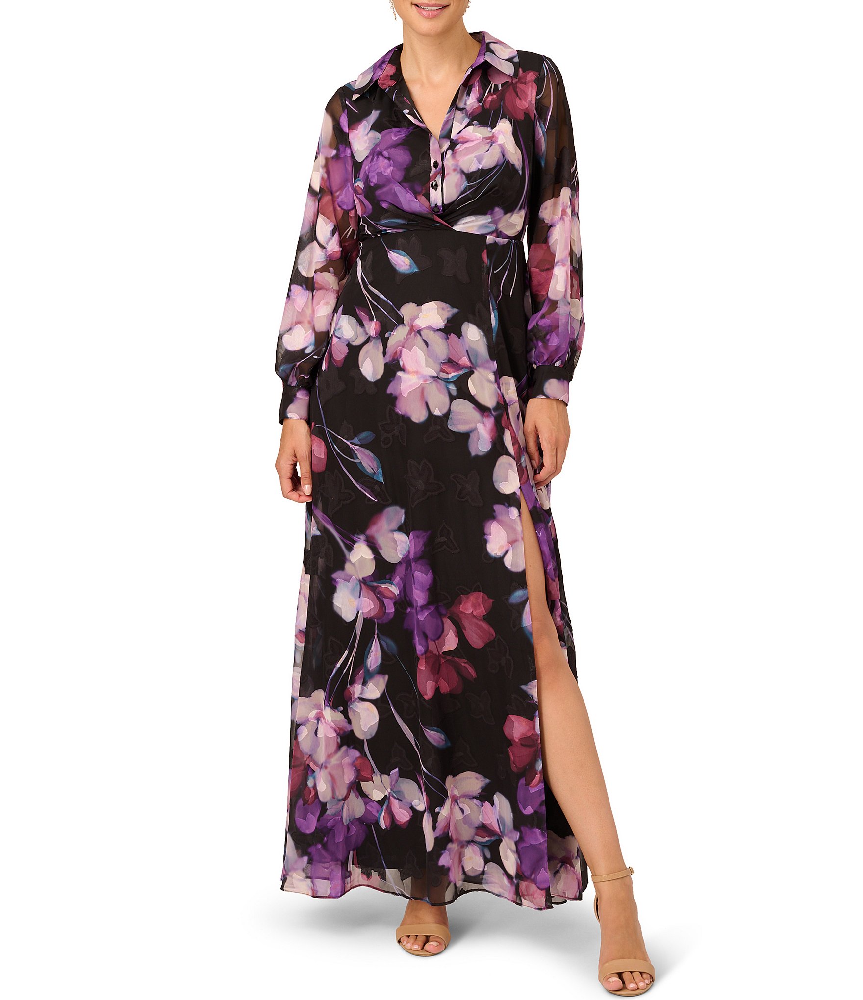 Adrianna Papell Floral Collared Neckline Long Sleeve Shirtdress