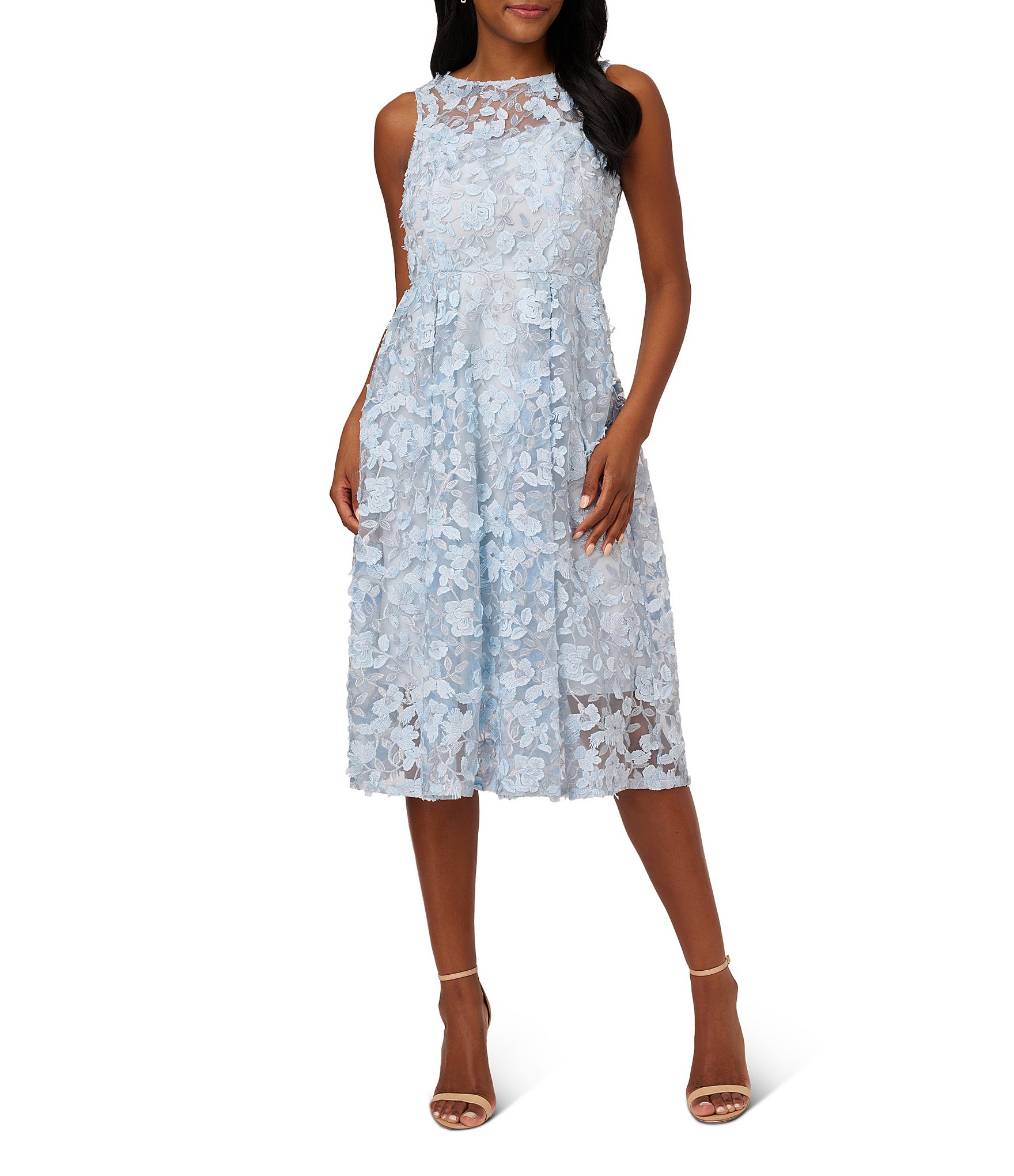 Adrianna Papell Floral Embroidered Crew Neck Fit and Flare Dress ...