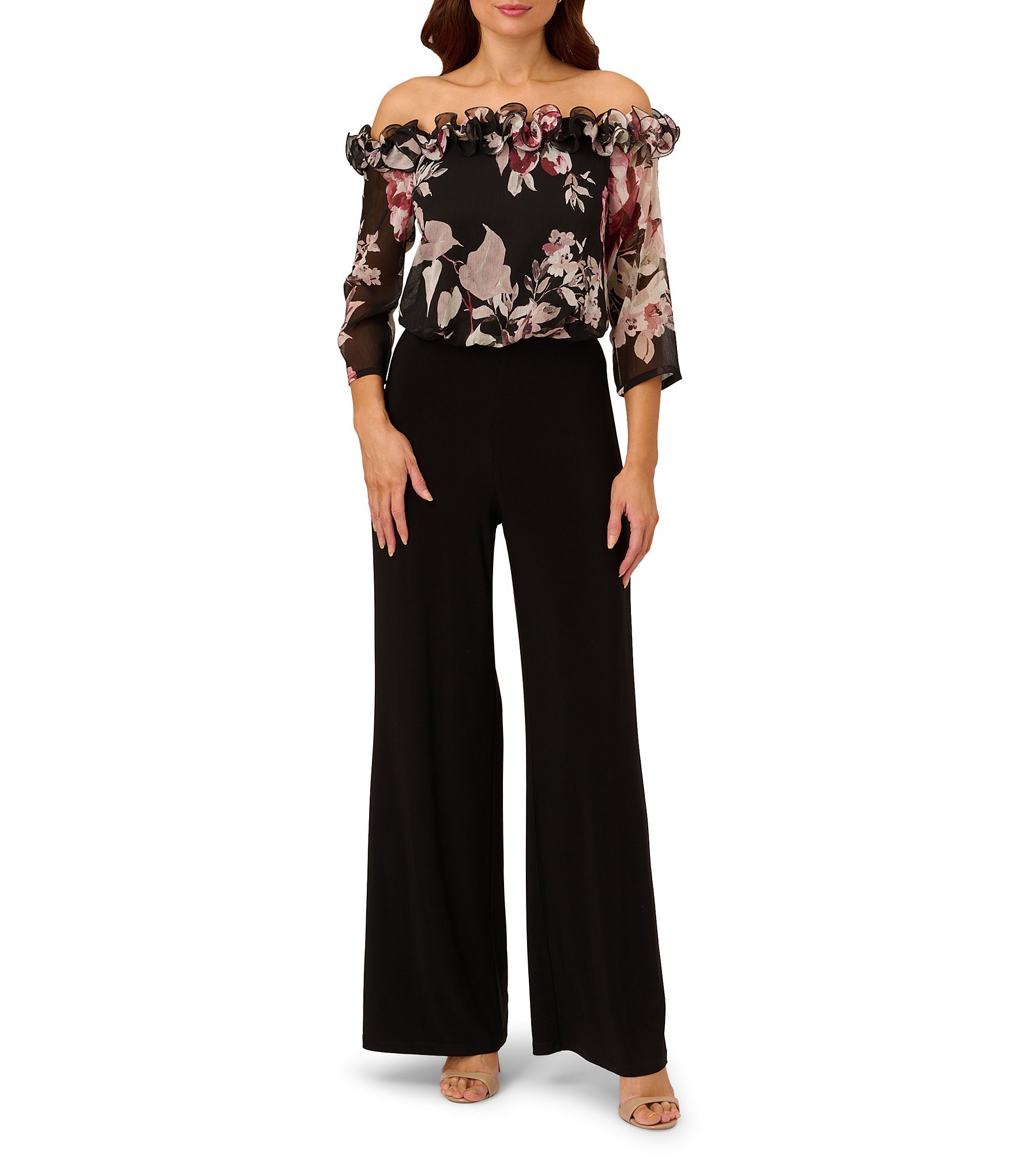 Adrianna Papell Floral Off-the-Shoulder Rosette 3/4 Sleeve Jumpsuit ...