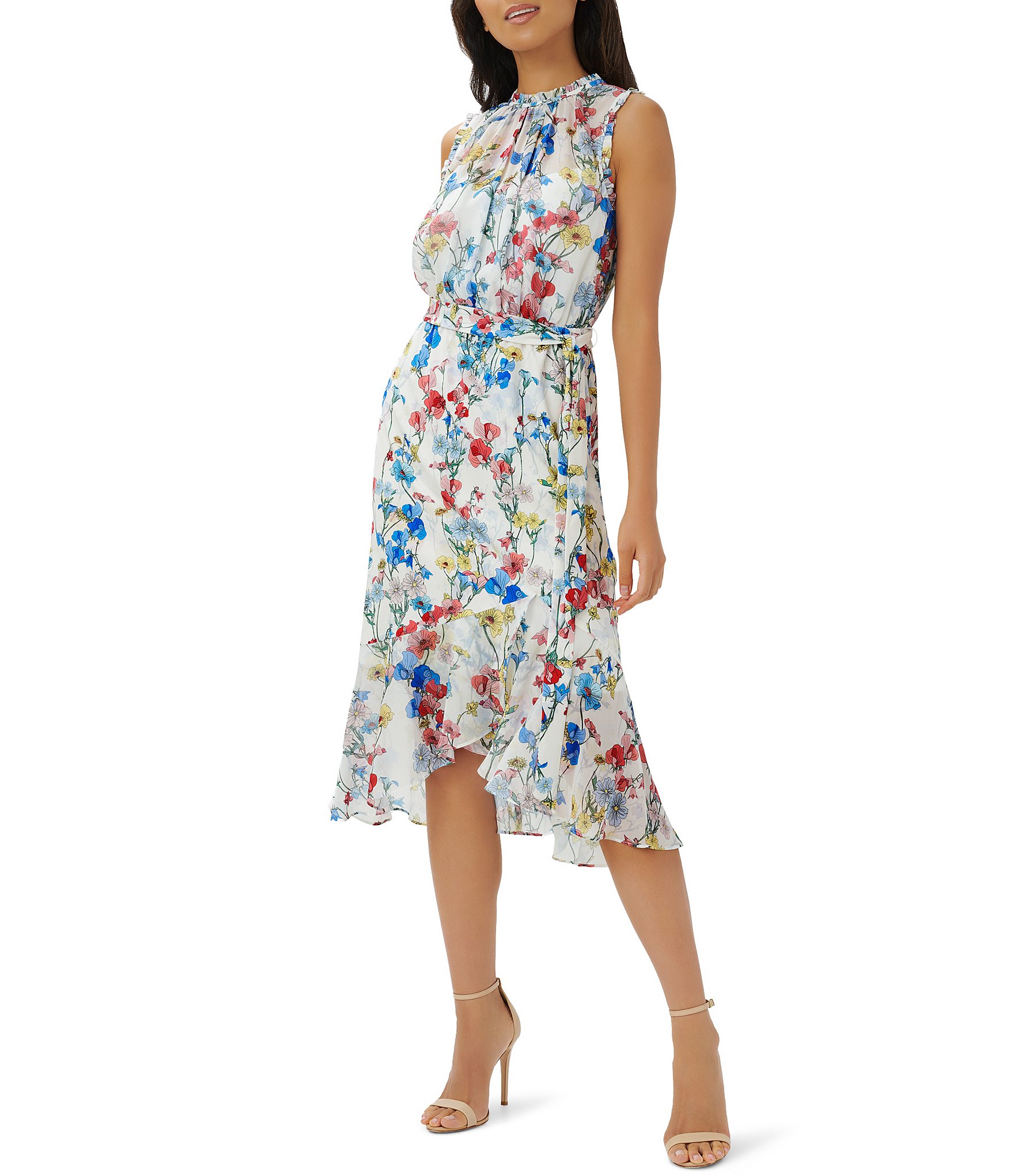 Adrianna Papell Floral Print Crew Neck Sleeveless High Low Midi