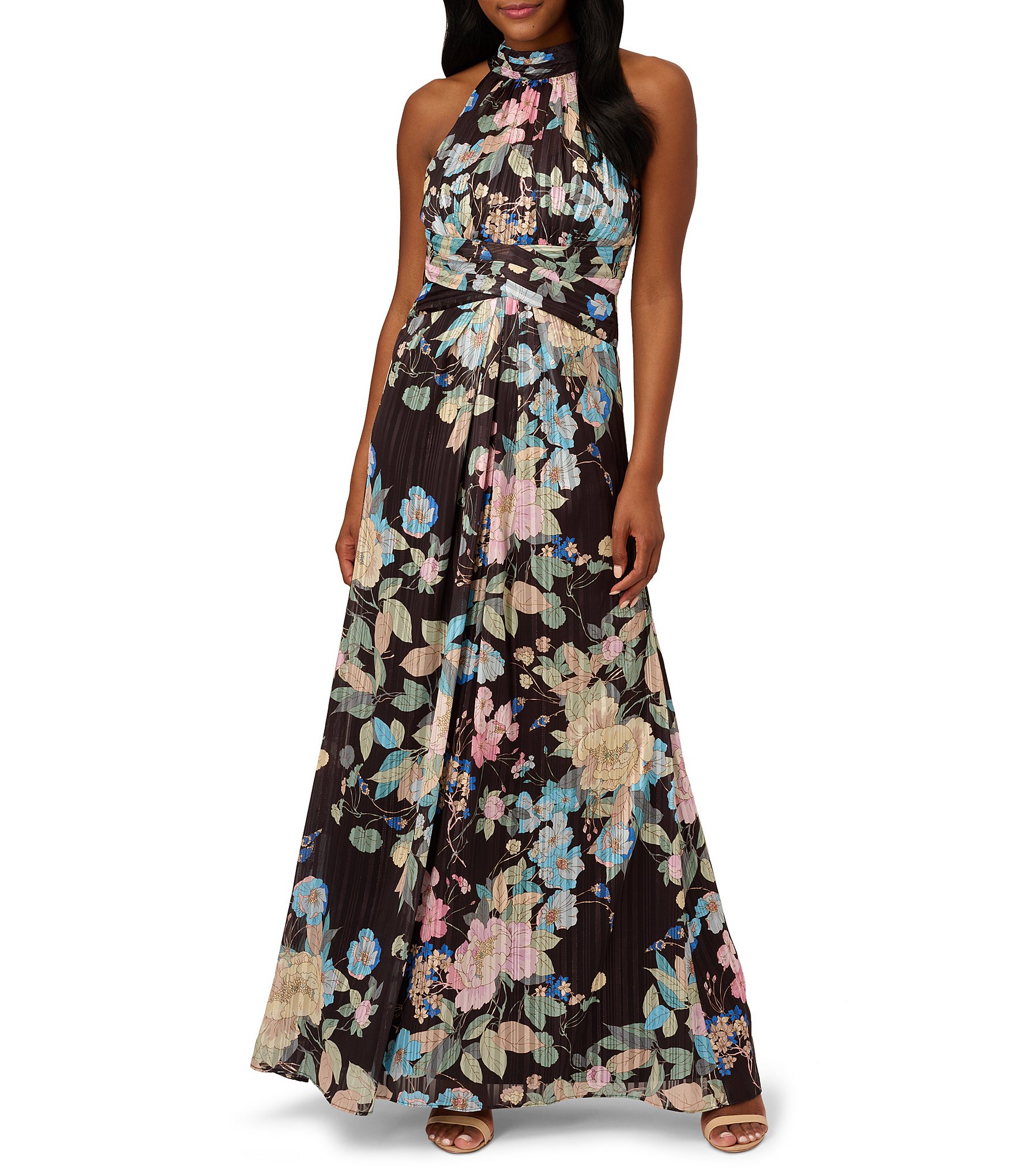Adrianna Papell Floral Print Halter Neck Sleeveless Gown | Dillard's