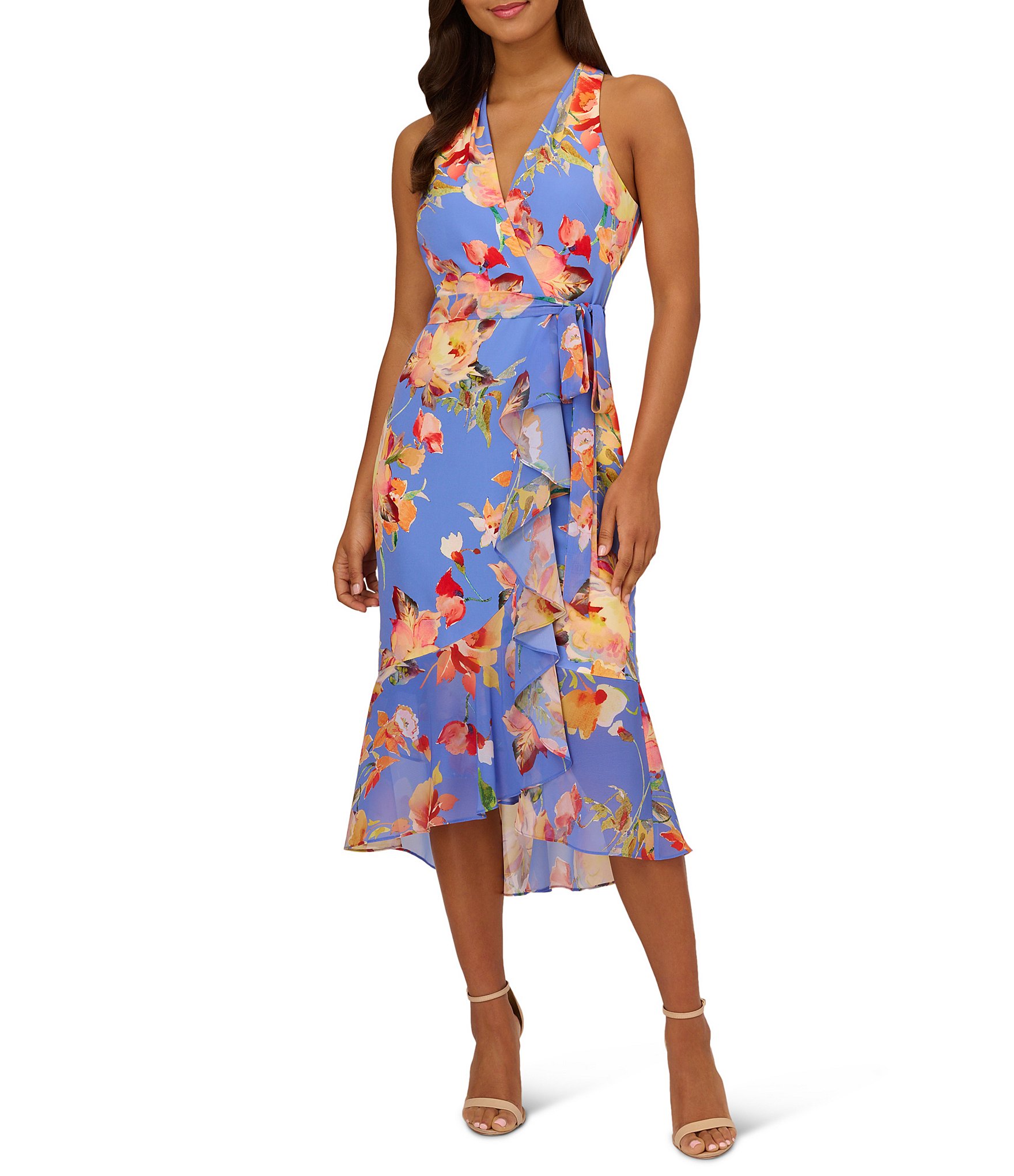 Adrianna Papell Floral Print V-Neck Sleeveless Faux Wrap Ruffled Trim ...