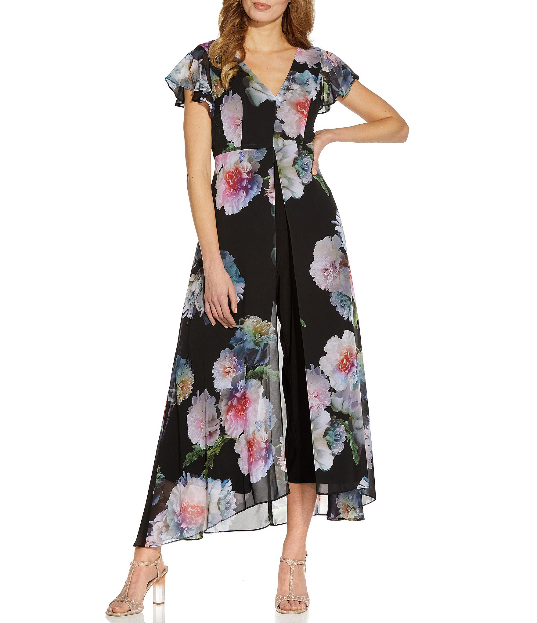 Adrianna Papell Floral Printed V-Neck Flutter Short Sleeve Overlay Jumpsuit