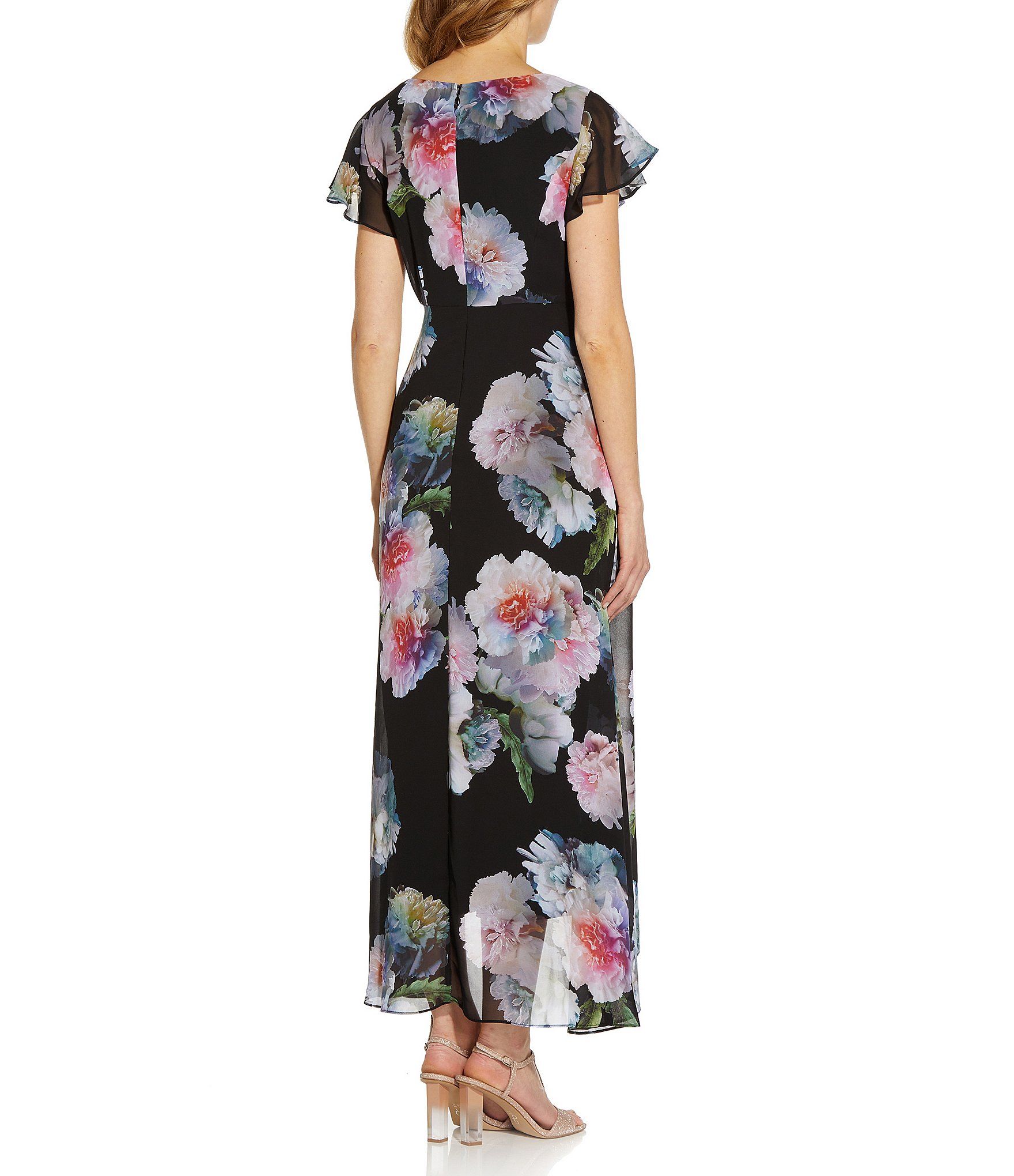 Adrianna Papell Floral Printed V-Neck Flutter Short Sleeve Overlay Jumpsuit