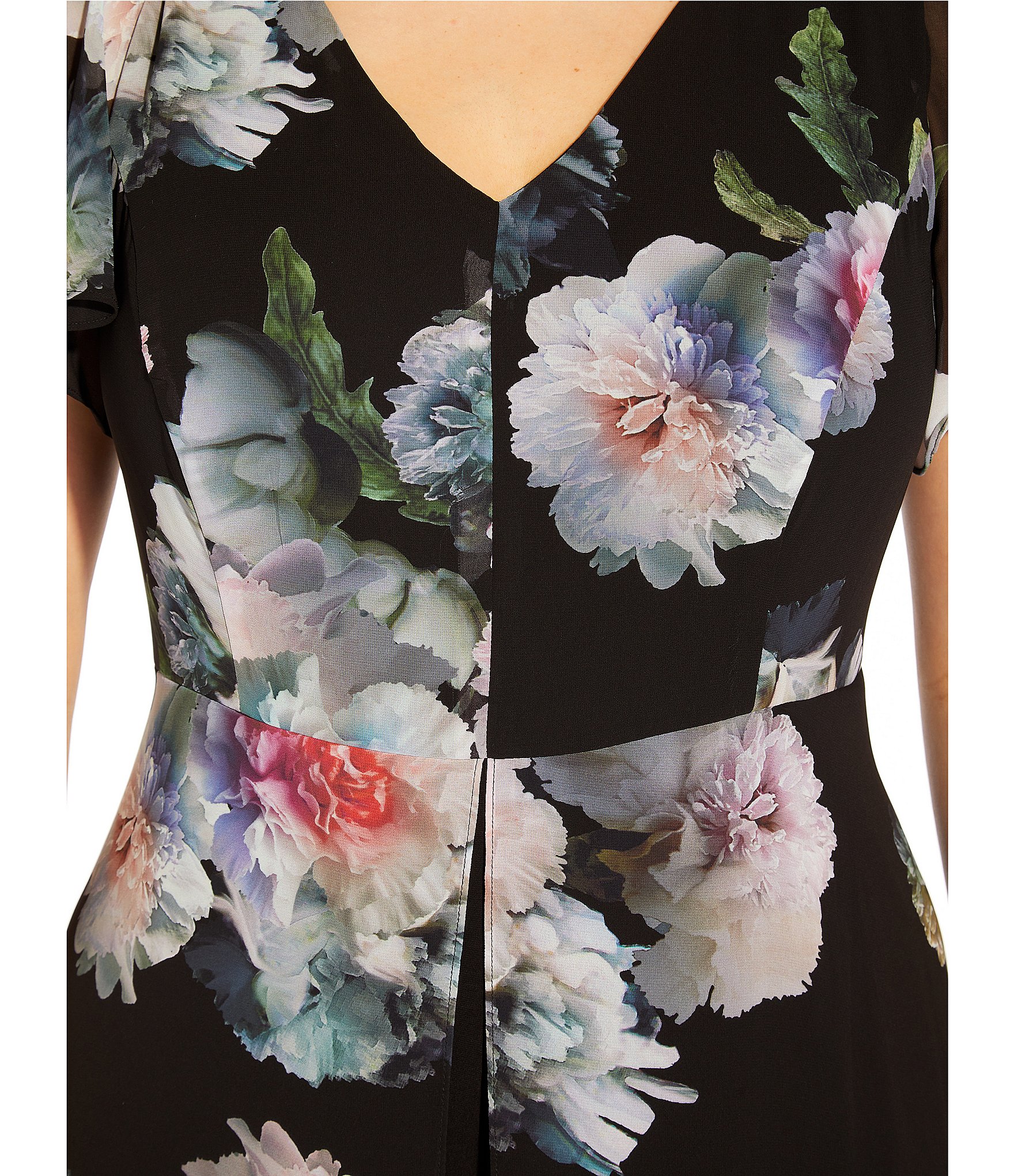 Adrianna Papell Floral Printed V-Neck Flutter Short Sleeve Overlay Jumpsuit