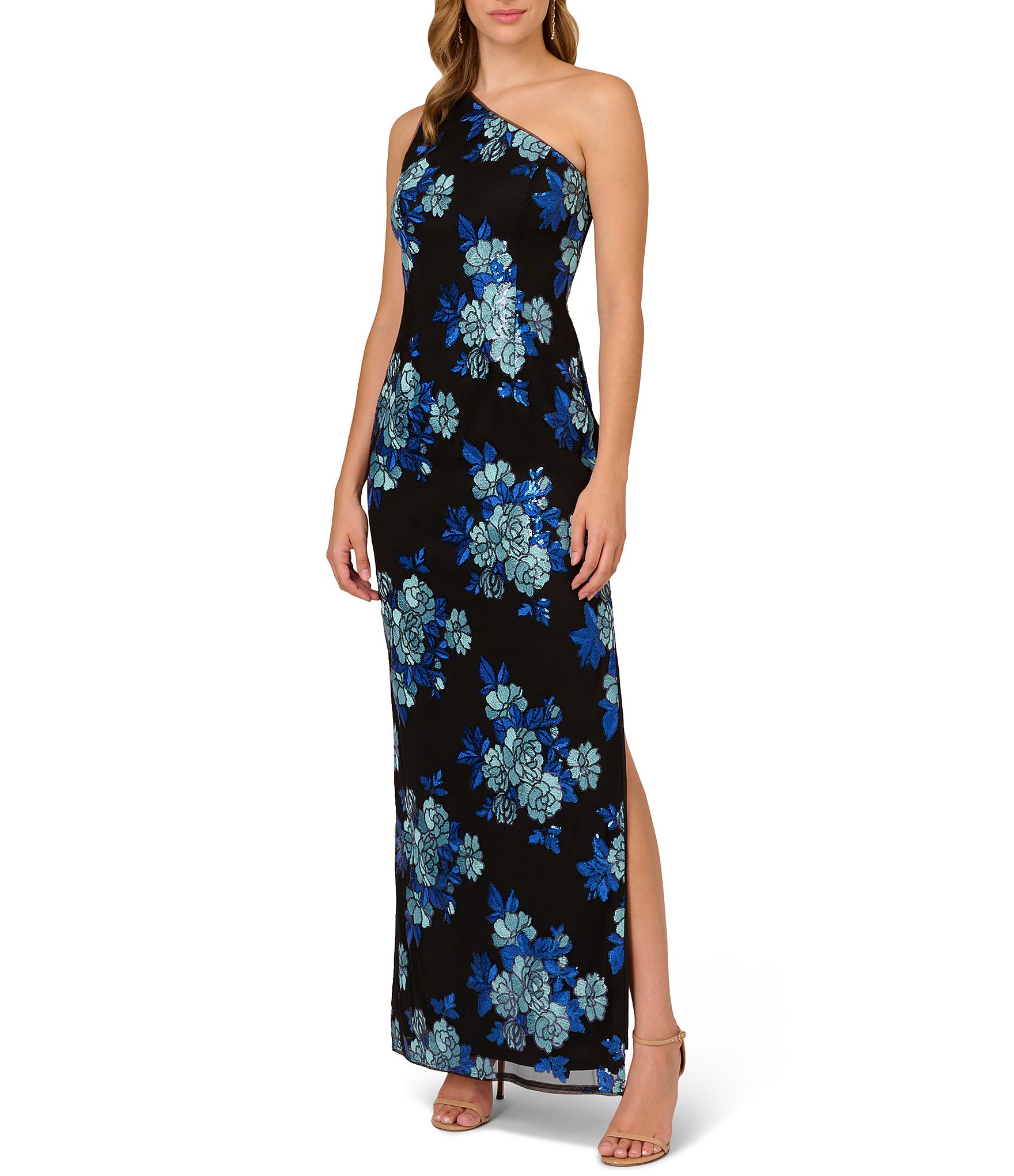 Adrianna Papell Floral Sequin Embroidery One Shoulder Sleeveless Gown ...
