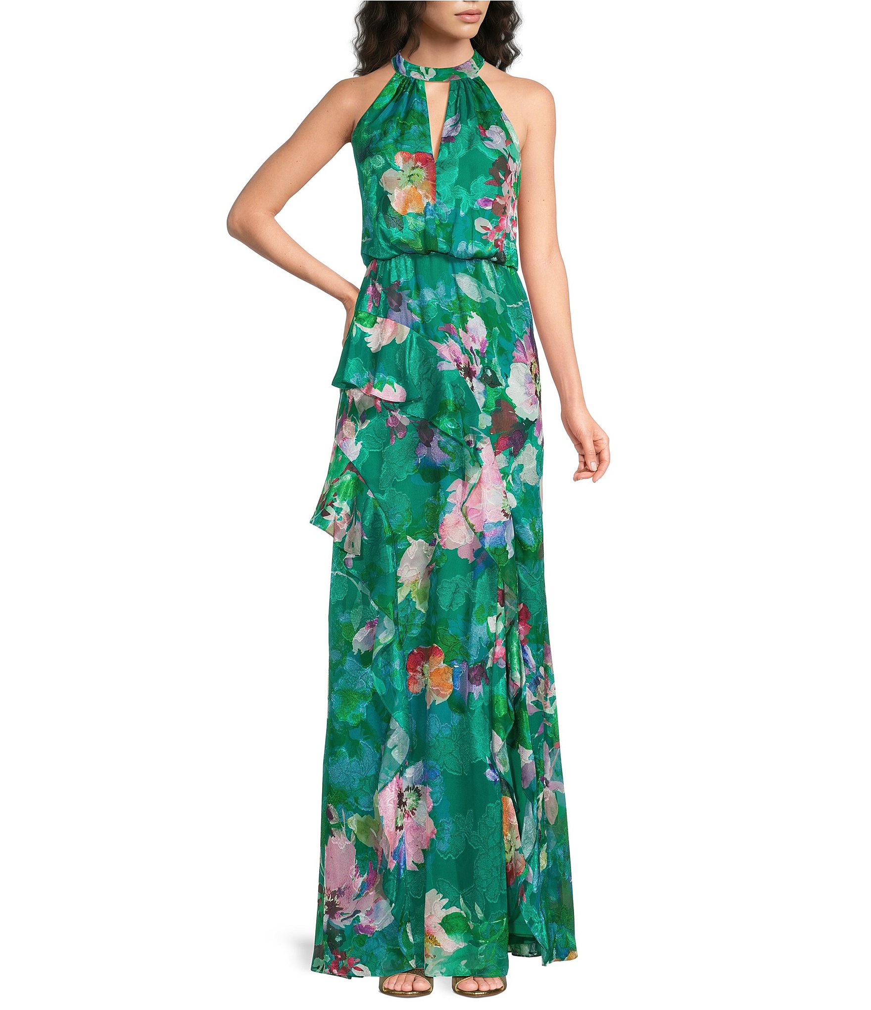 sachin and babi light blue dress Adrianna Papell Crepe Halter Neck Sleeveless Rosette Mermaid Gown main image 1
