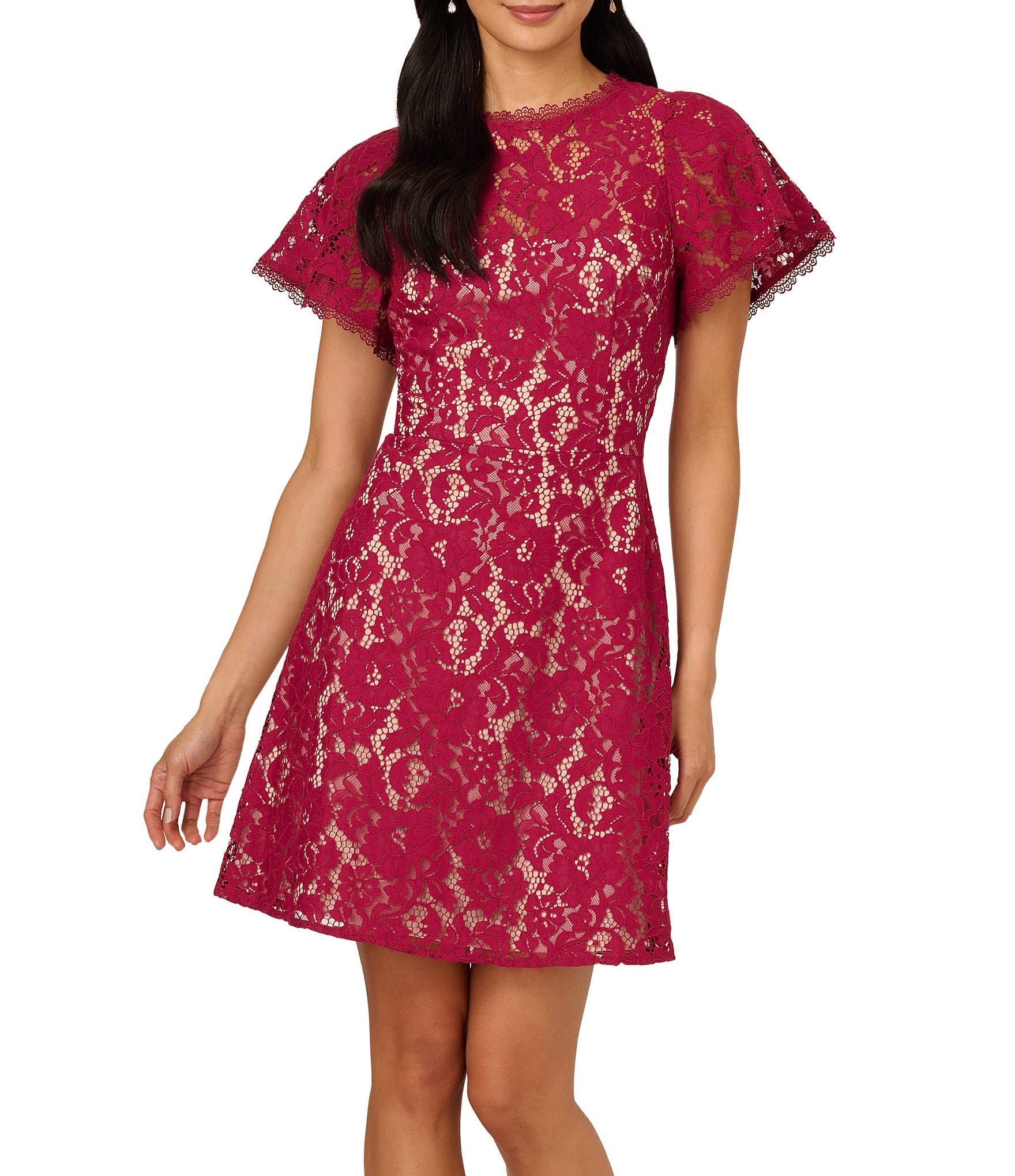 Adrianna Papell Illusion Crew Neck Flutter Sleeve Lace Shift Dress