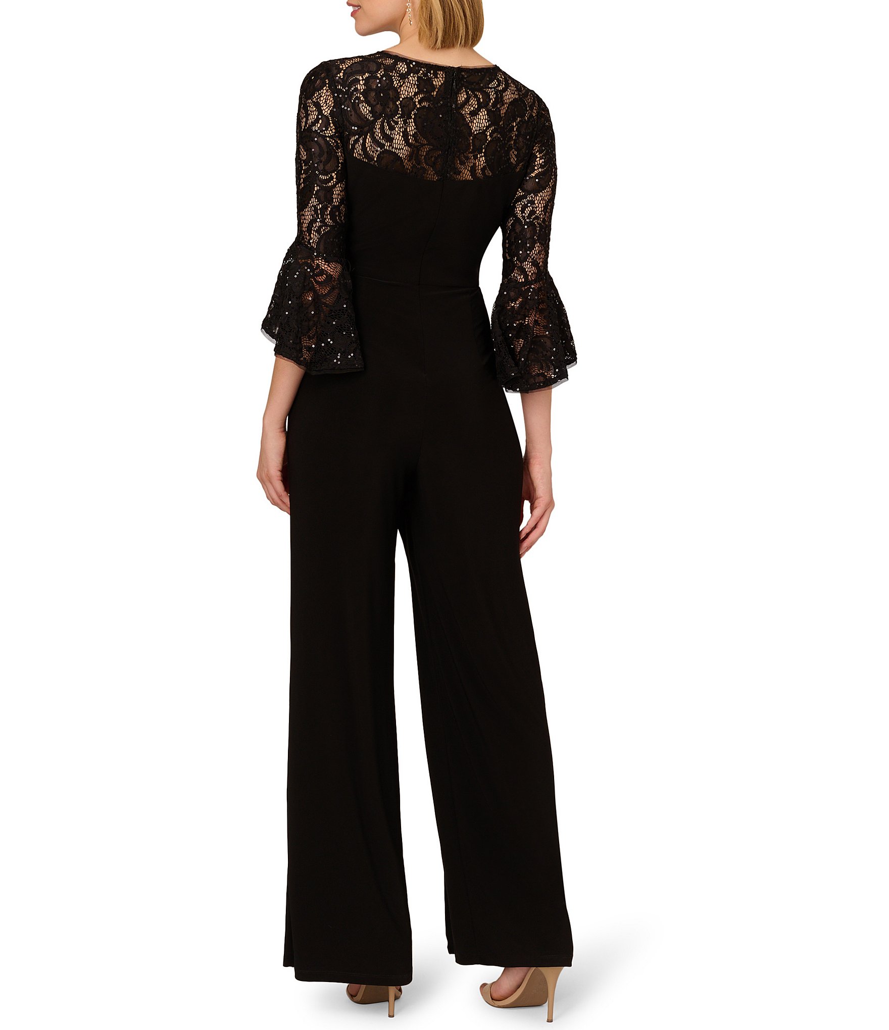 Adrianna Papell Jersey Lace Crew Neck Elbow Sleeve Ruffle Cuff Straight Leg Jumpsuit