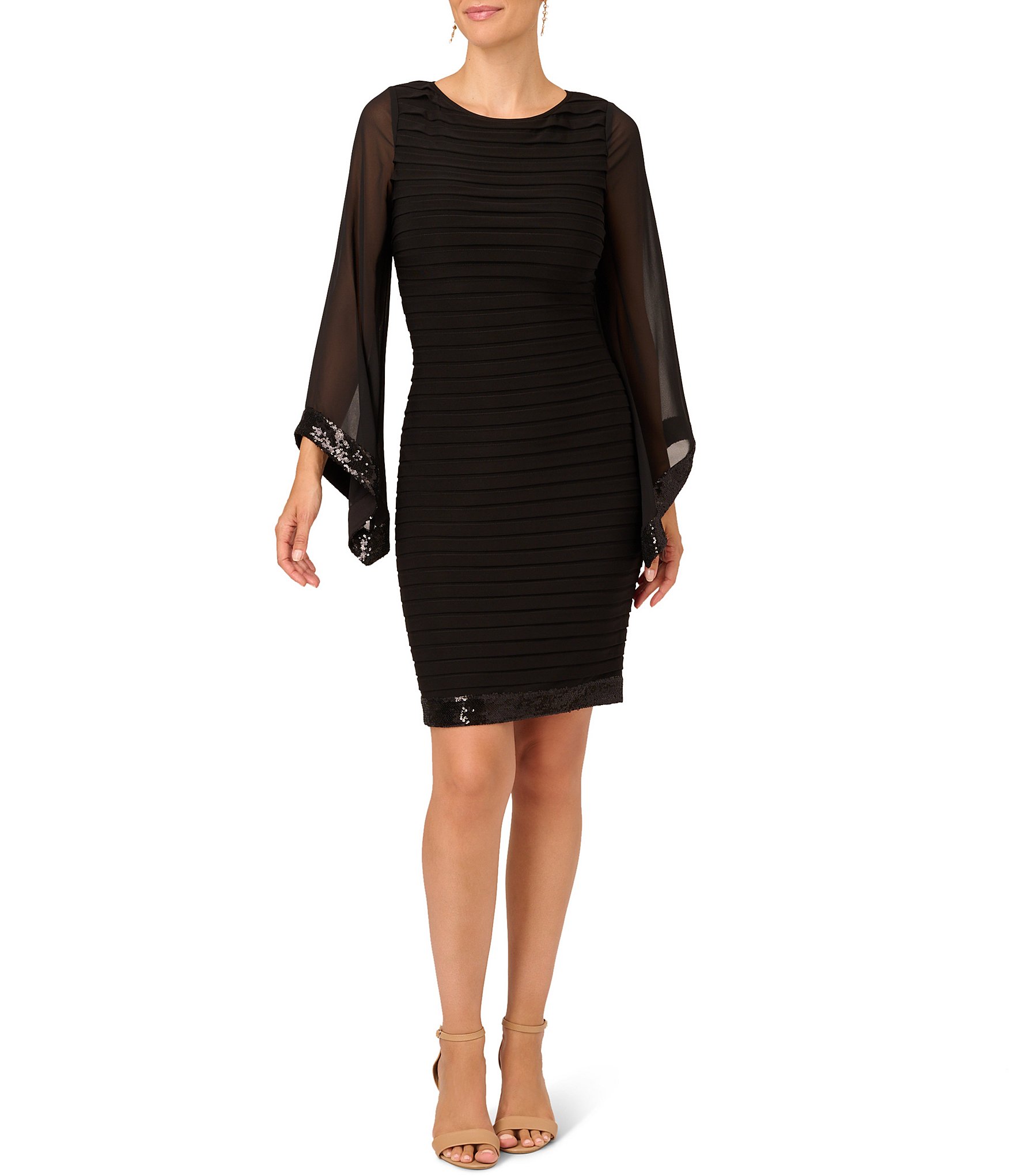 Adrianna Papell Long Illusion Bell Sleeve Sequin Trim Sheath Dress