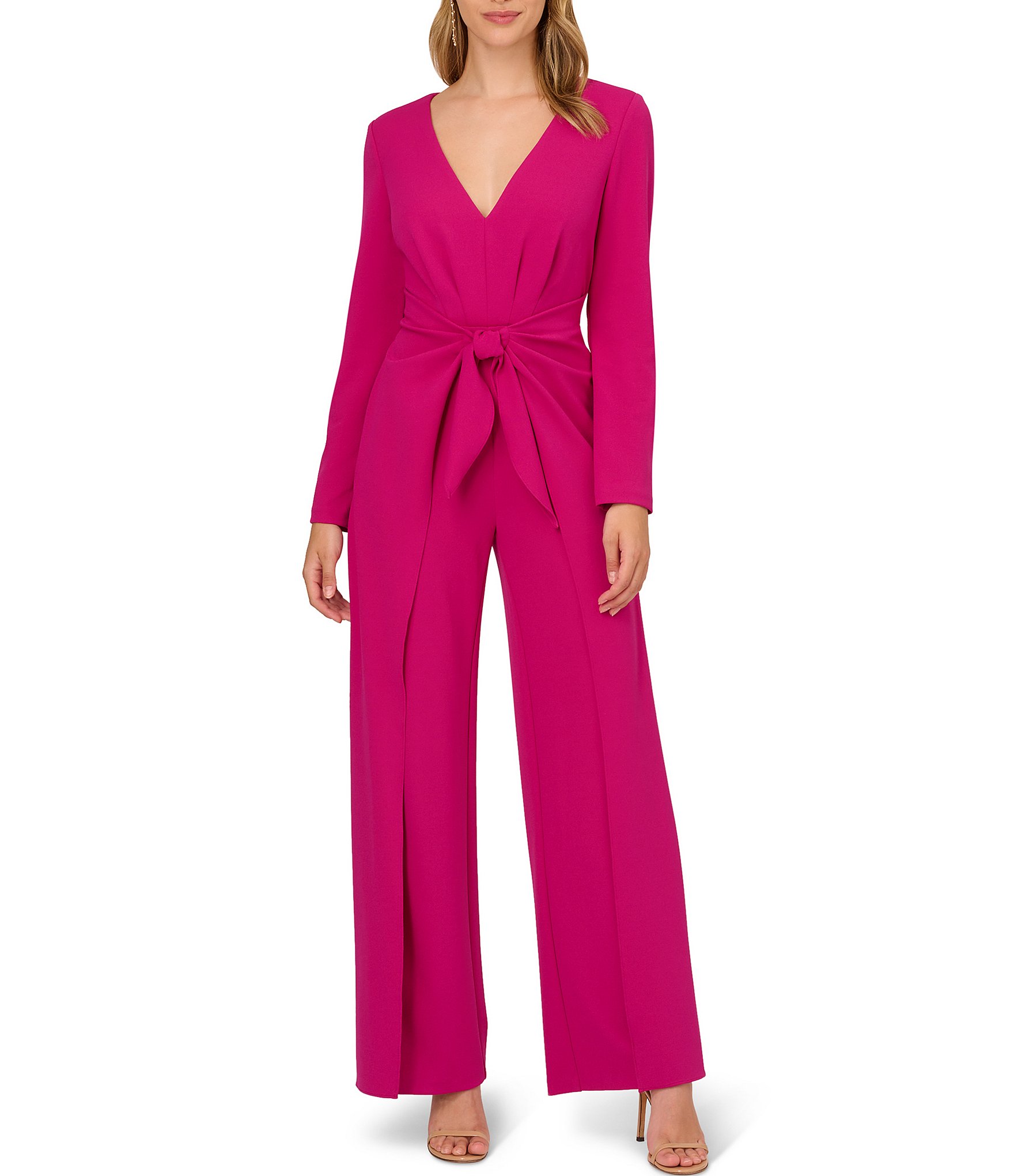 Adrianna Papell Long Sleeve V-Neck Tie Front Jumpsuit | Dillard's