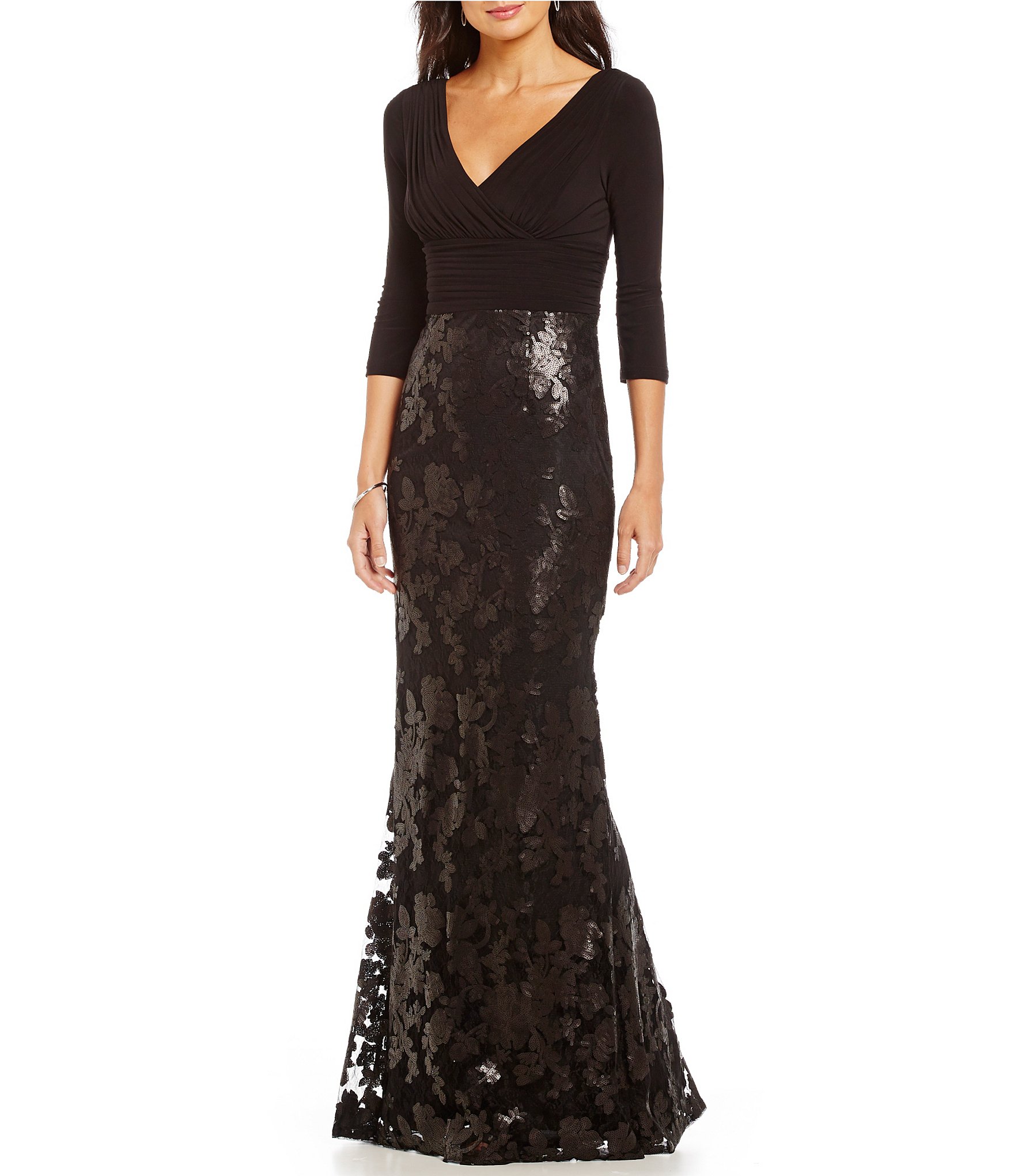 Adrianna Papell Long V Neck Sequin Lace Gown Dillards 5899