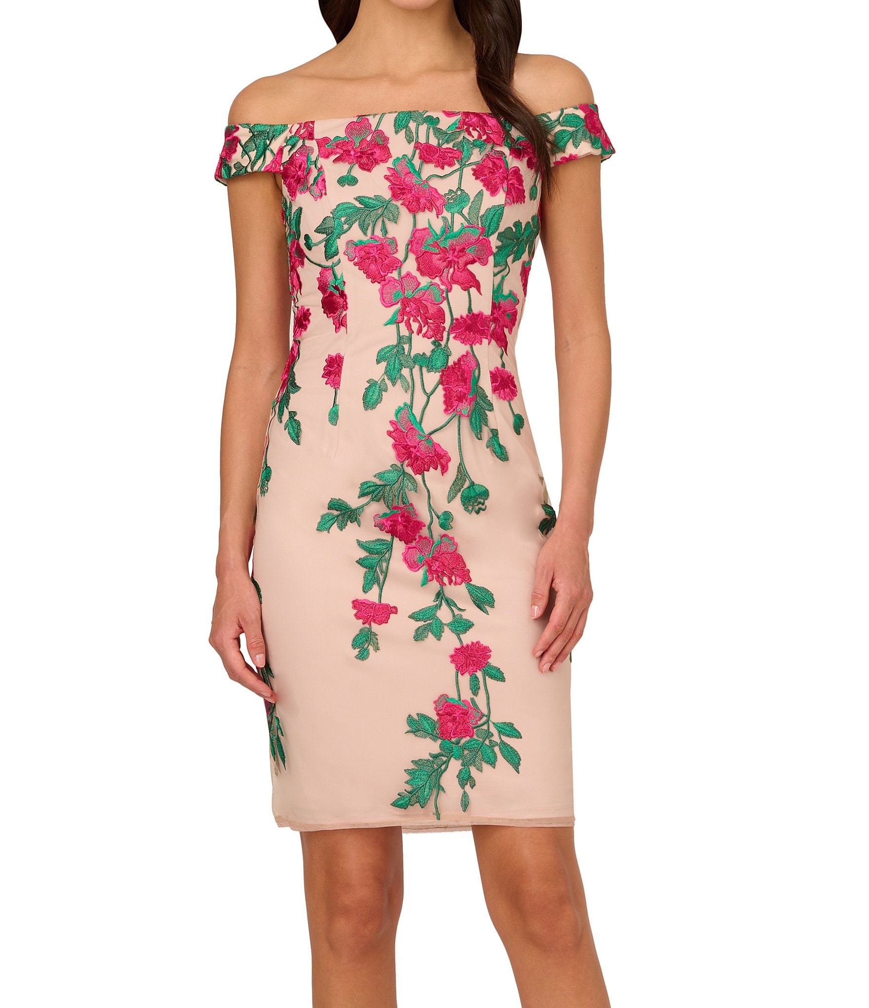 Adrianna Papell Mesh Cascading Floral Embroidery Off-The