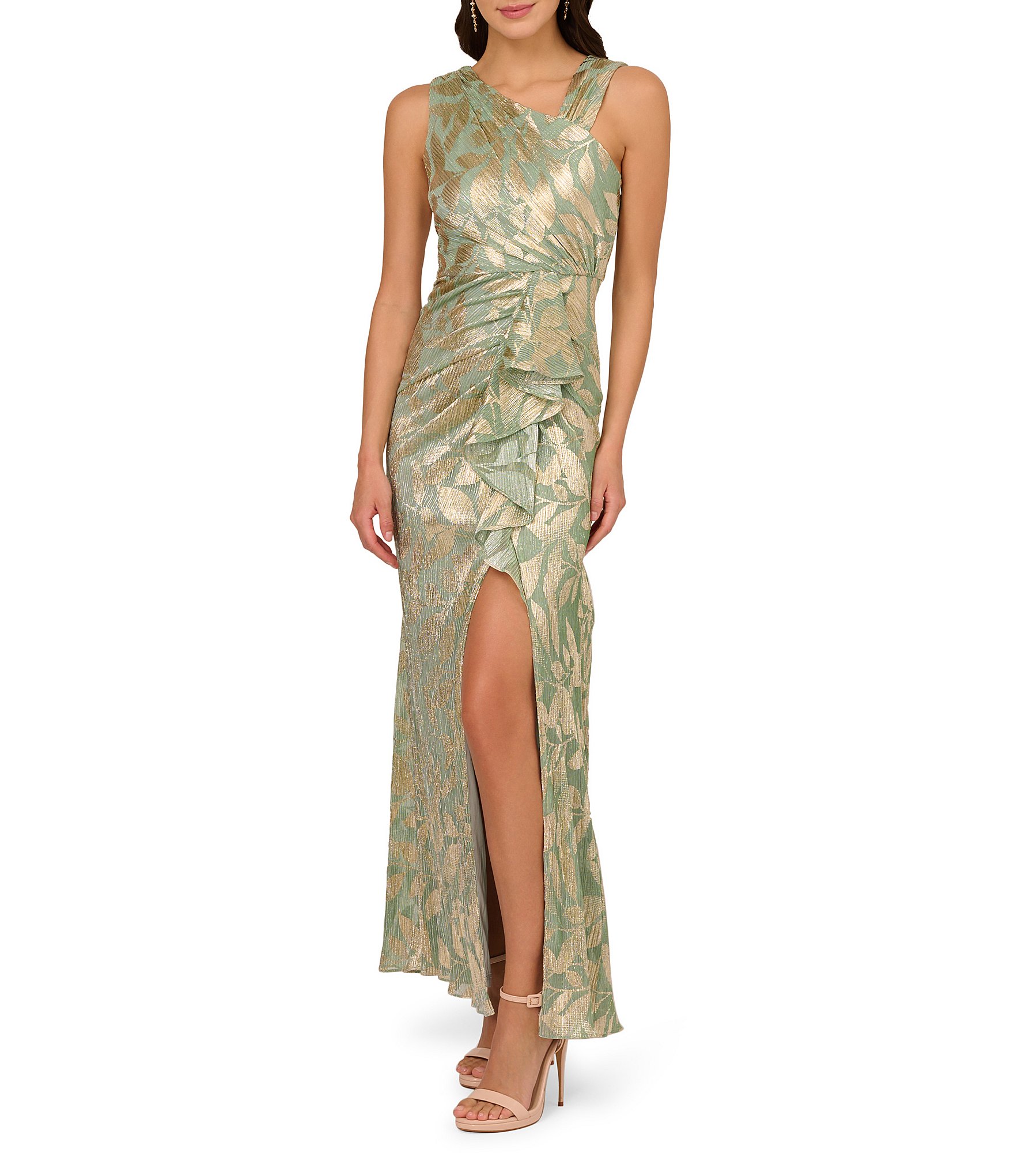 Adrianna Papell Metallic Asymmetrical Neck Sleeveless Gown Dillard s