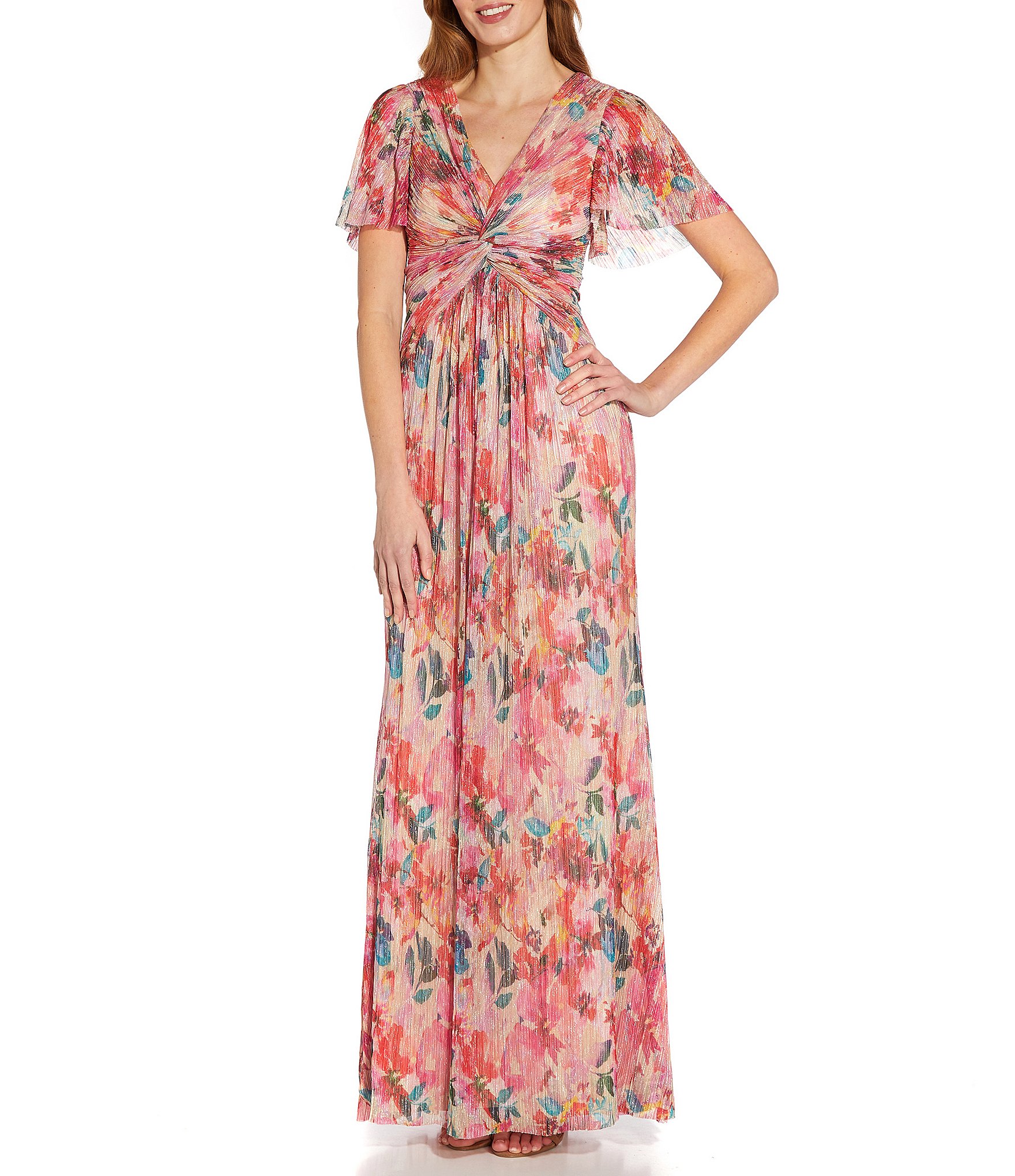 Adrianna Papell Metallic Floral Print Pleated Twist V Neck Short Flutter Sleeve Gown