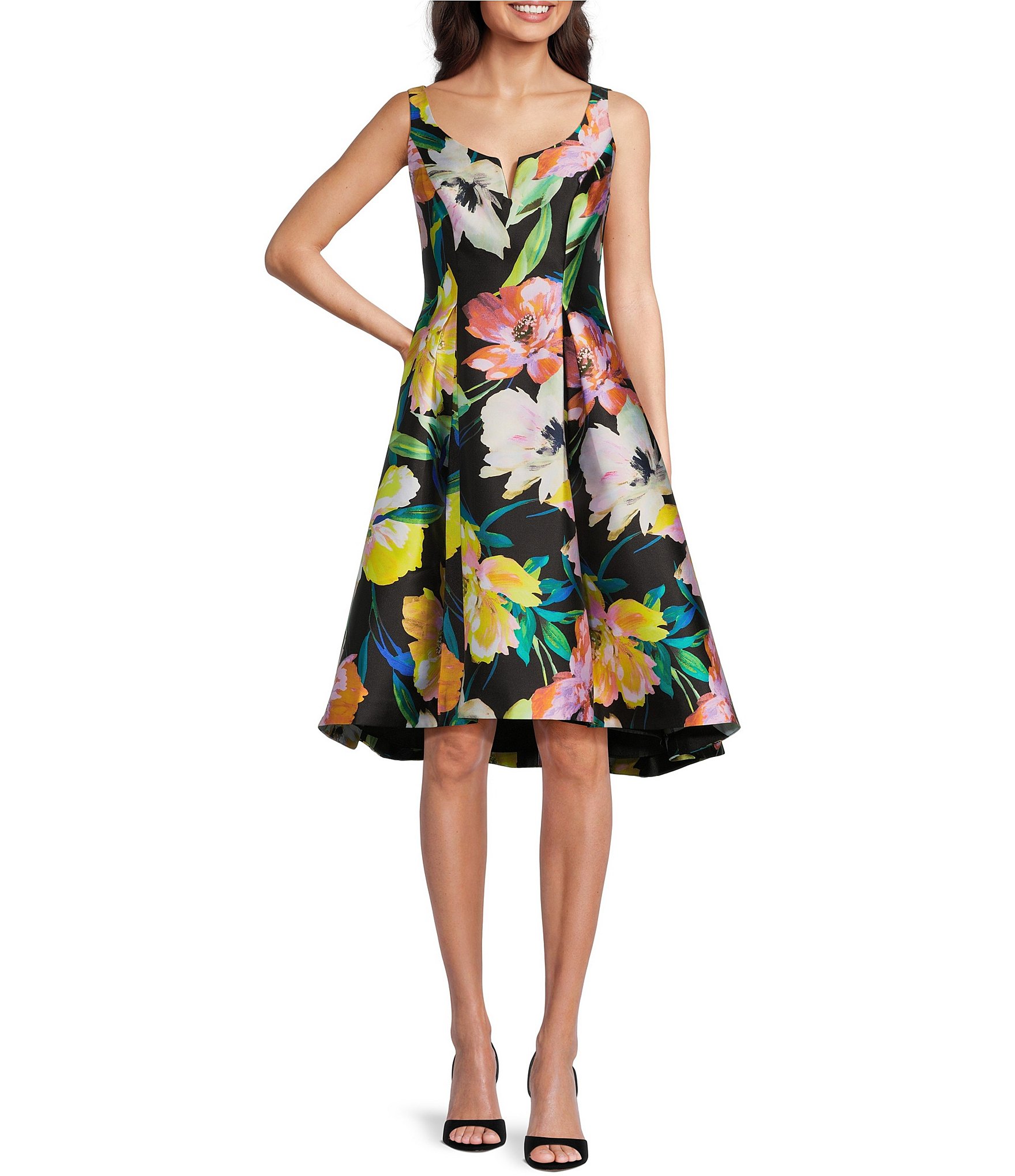 Adrianna Papell Mikado Floral Print Notch Scoop Neck Sleeveless High Low Hem Fit and Flare Dress Dillard s