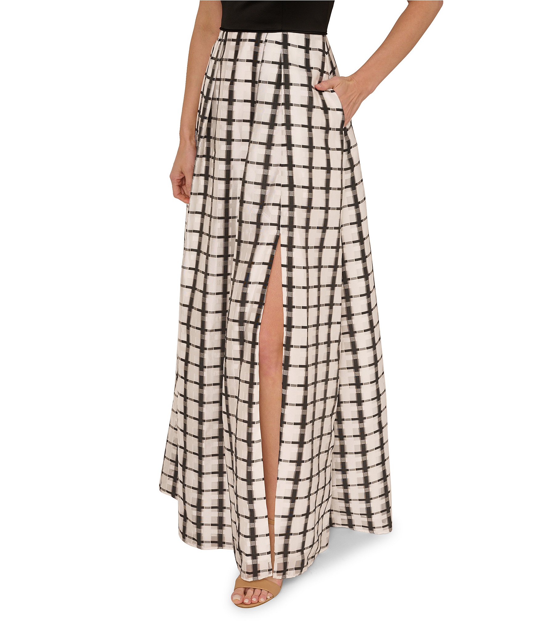 Adrianna Papell Mixed Media Plaid Halter Neck Sleeveless A-Line Gown