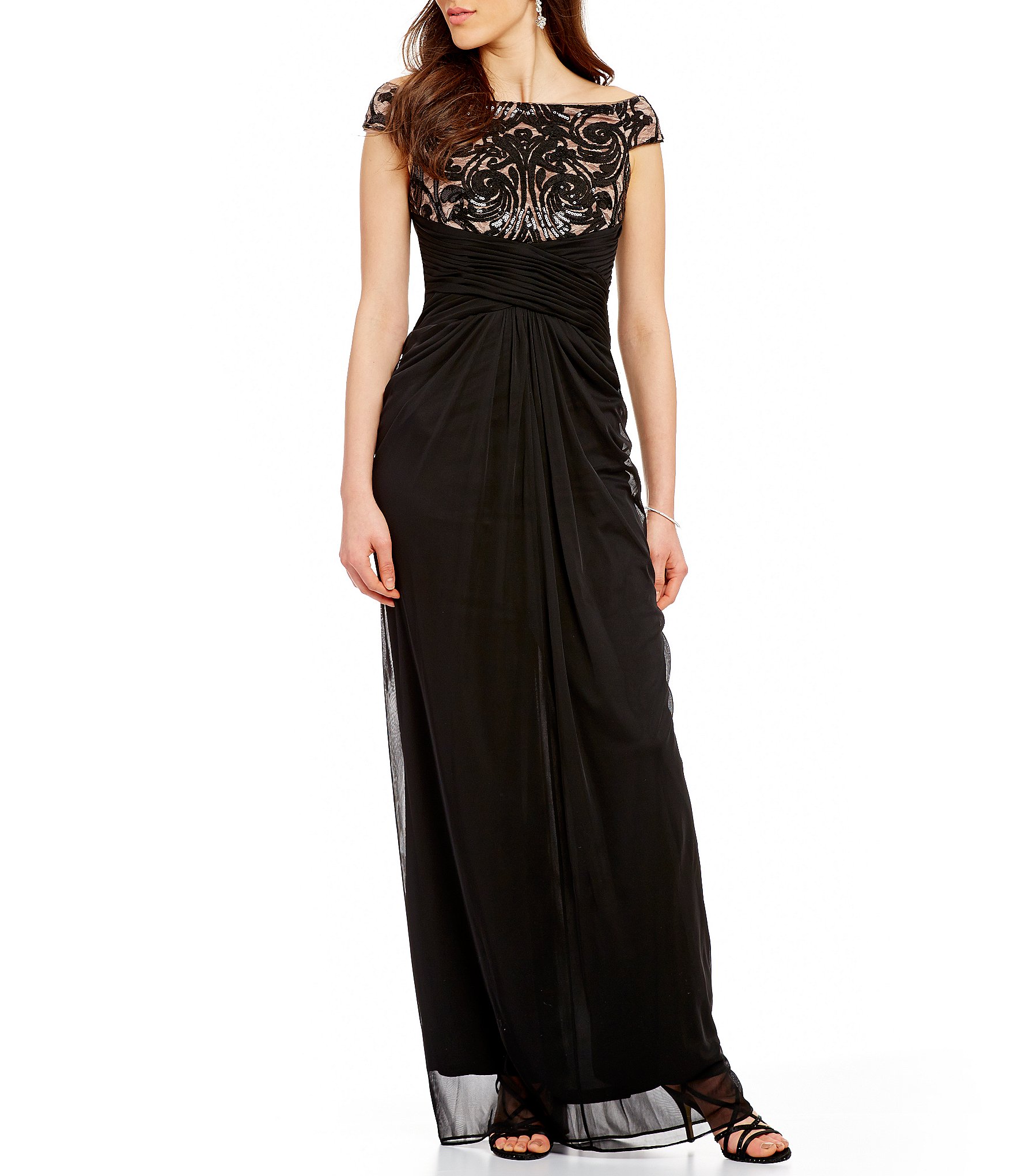 adrianna papell off shoulder sequin gown