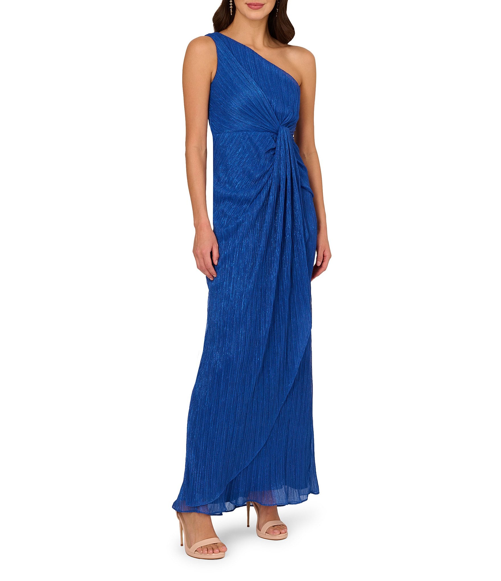 Adrianna Papell One Shoulder Metallic Knit Sleeveless Front Ruched Gown ...