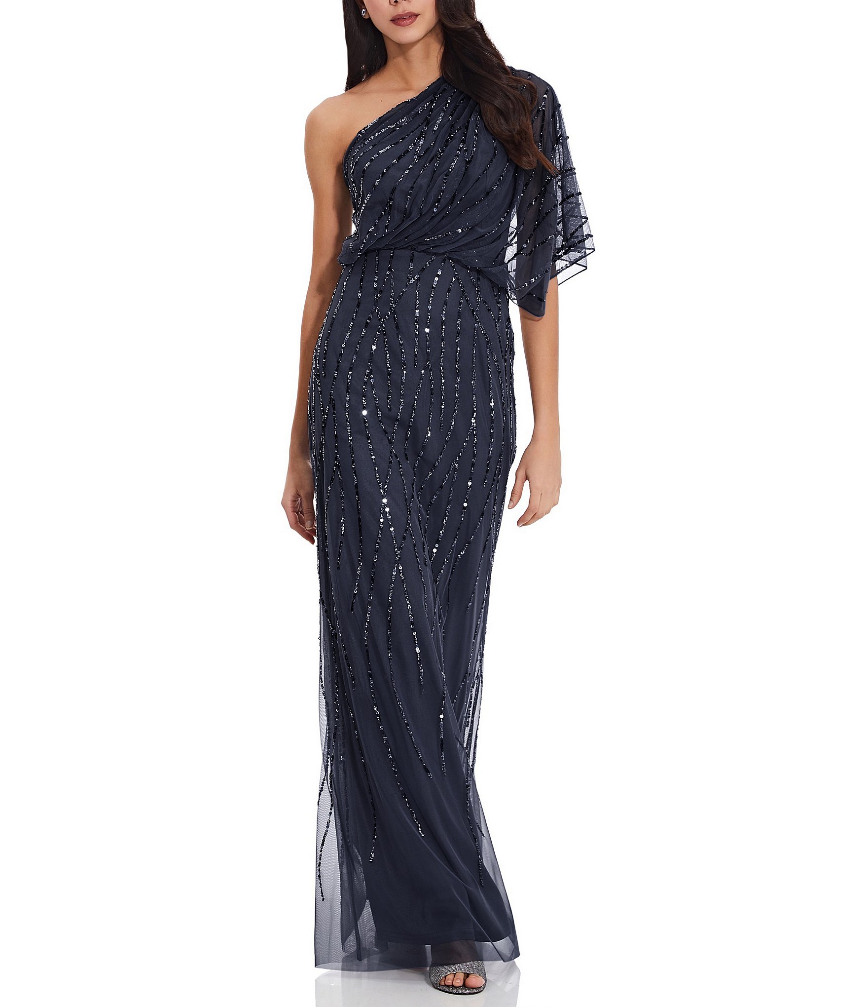 Adrianna Papell Sequin One Shoulder Illusion Sleeve Gown | Dillard's