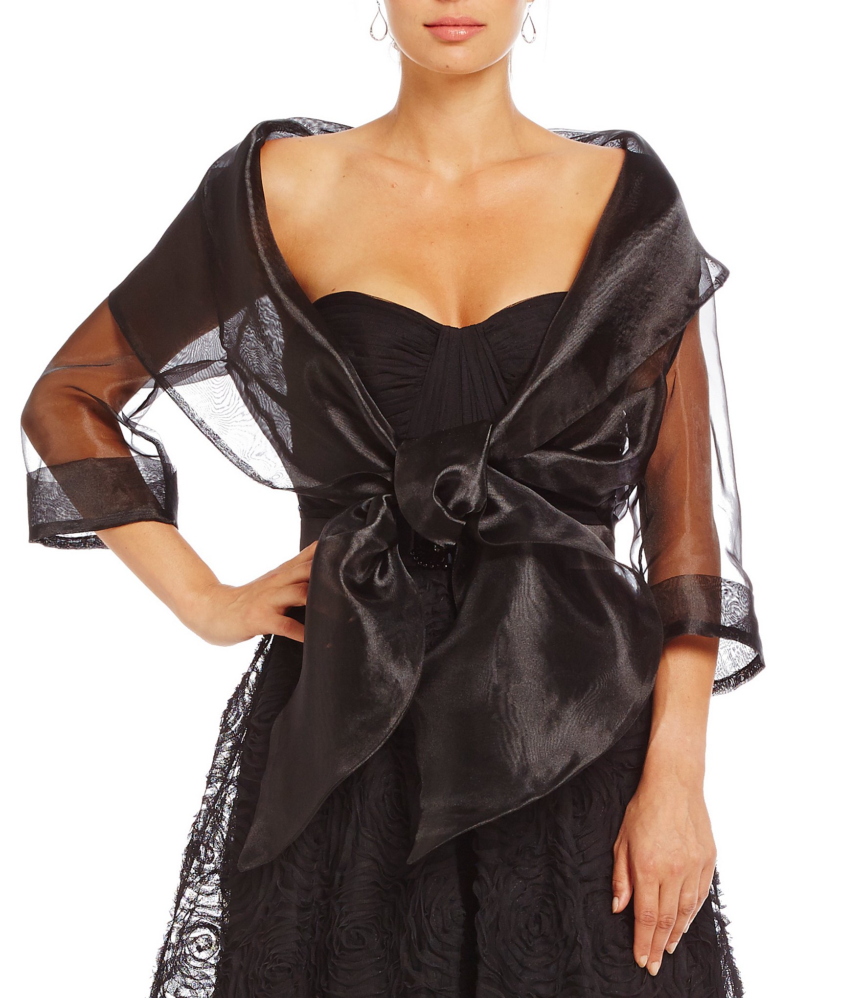 Adrianna Papell Organza 3/4 Sleeve Tie Front Wrap Jacket