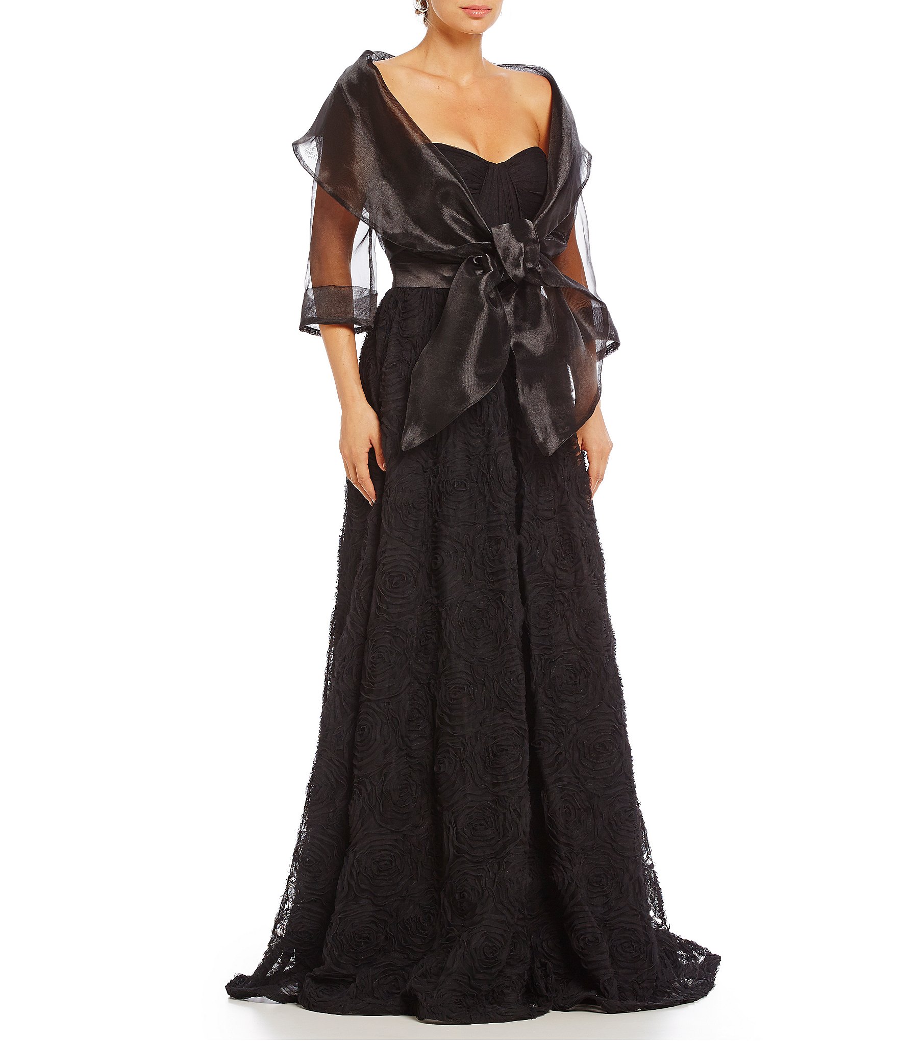 Adrianna Papell Organza 3/4 Sleeve Tie Front Wrap Jacket