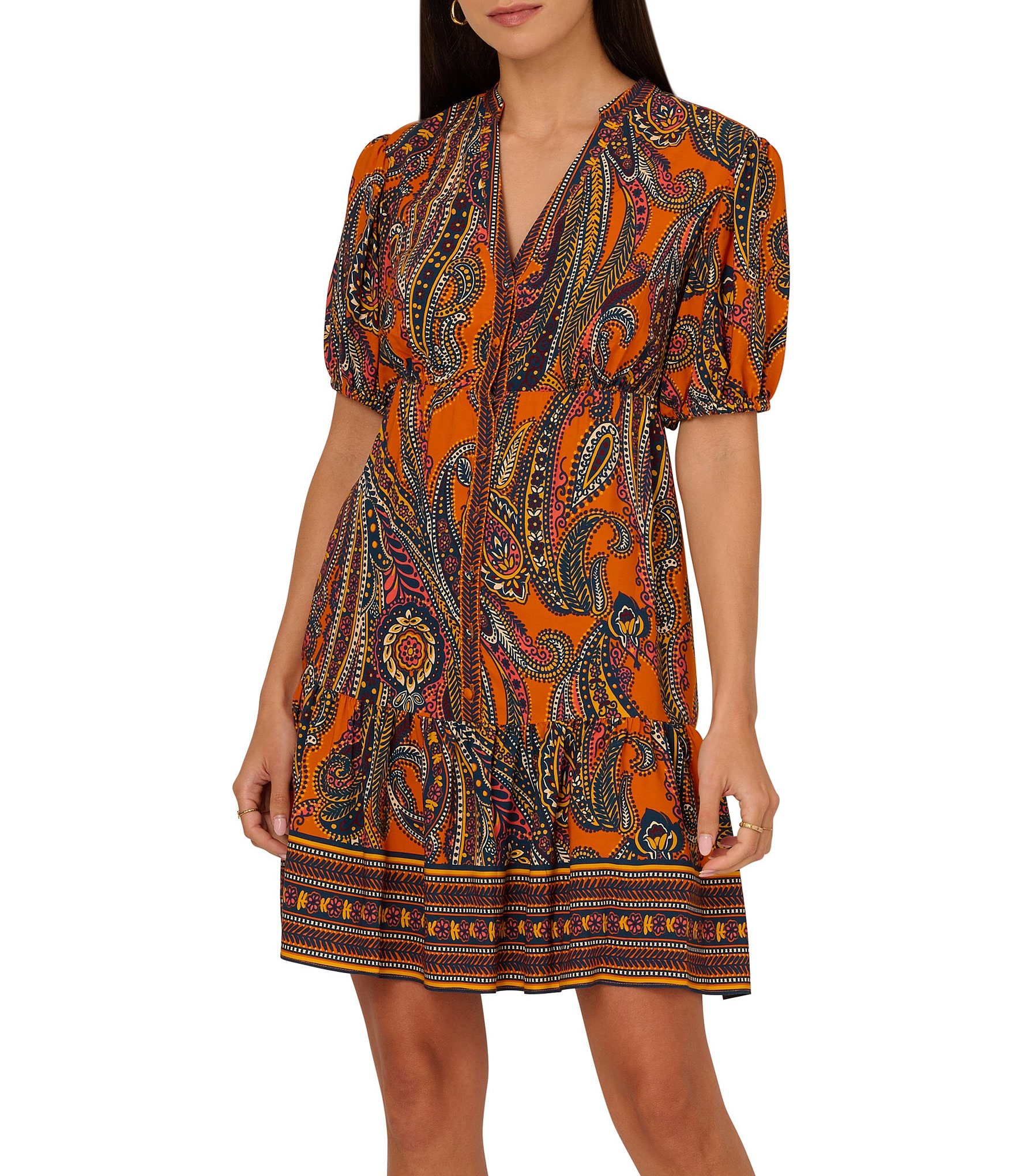 Adrianna by Adrianna Papell Paisley Print Split V-Neck Short Puff Sleeve Ruffle Trim Button Front Mini Dress